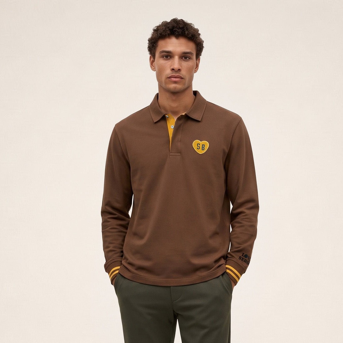 Long-sleeved rugby polo shirt with boucle heart badge SERGE BLANCO Brown