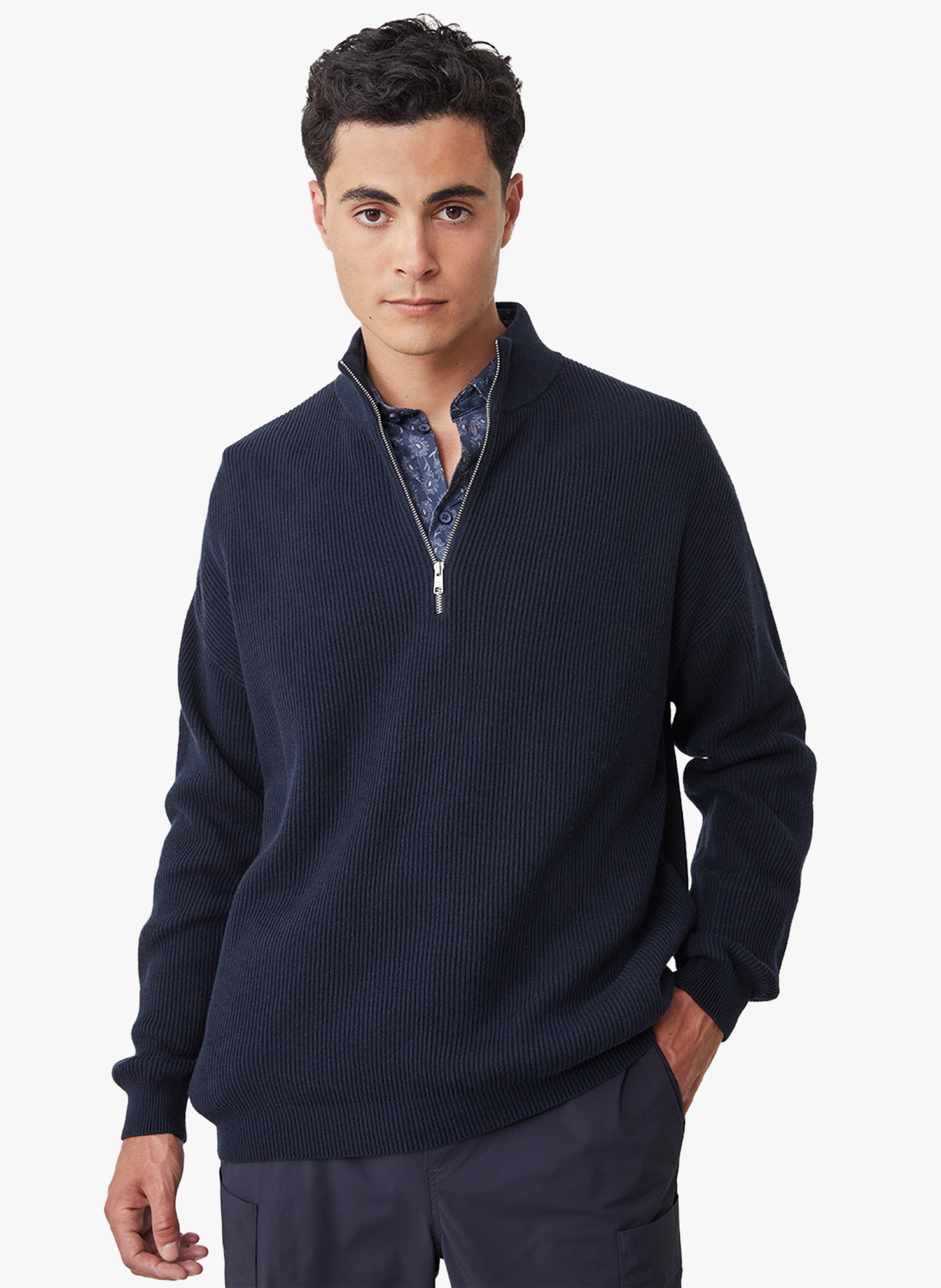 Blue Cotton blend high neck jumper