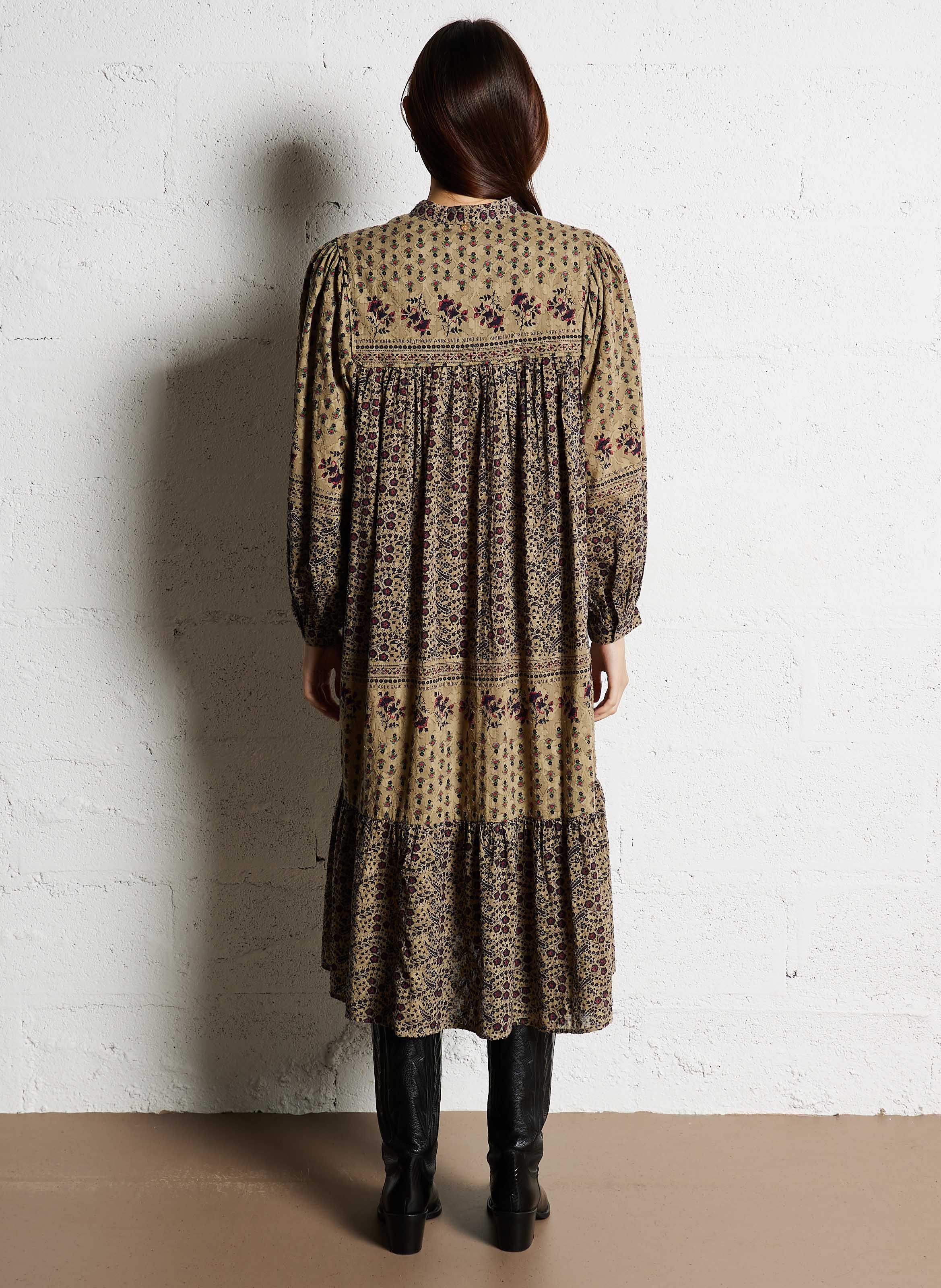 Langes Rundhals-Kleid aus bedruckter Baumwolle ANTIK BATIK Khaki