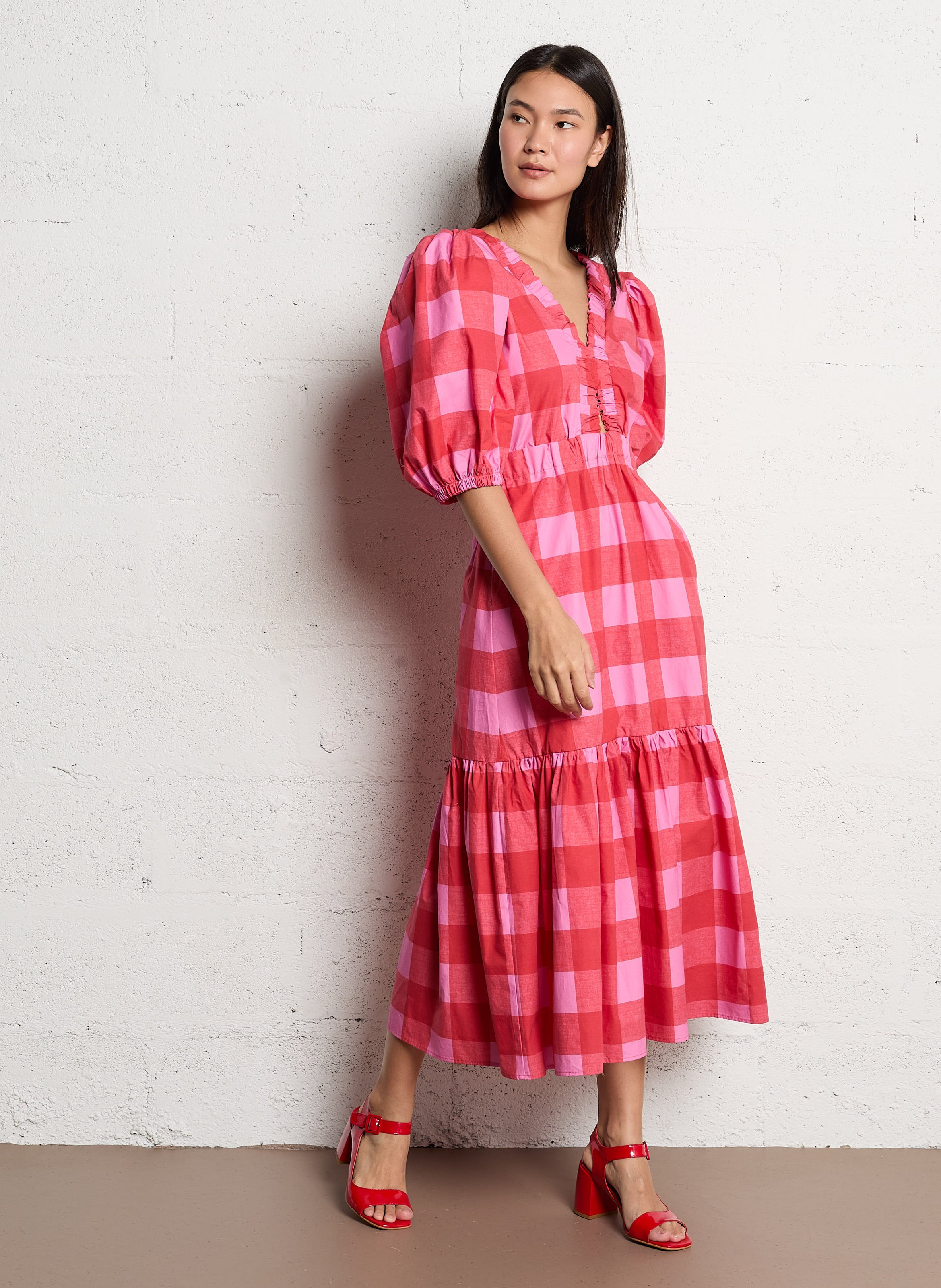 Fitted cotton V-neck maxi dress DR BLOOM Red