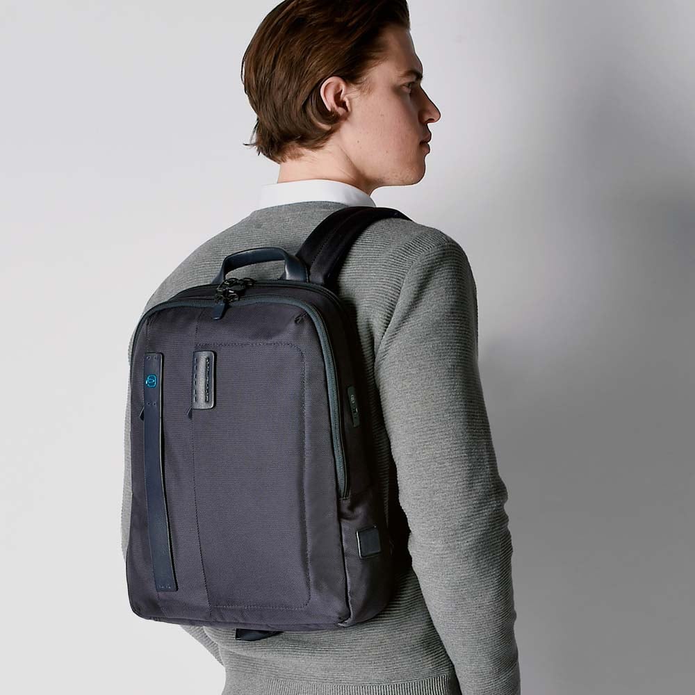 Leather and fabric backpack PIQUADRO Blue
