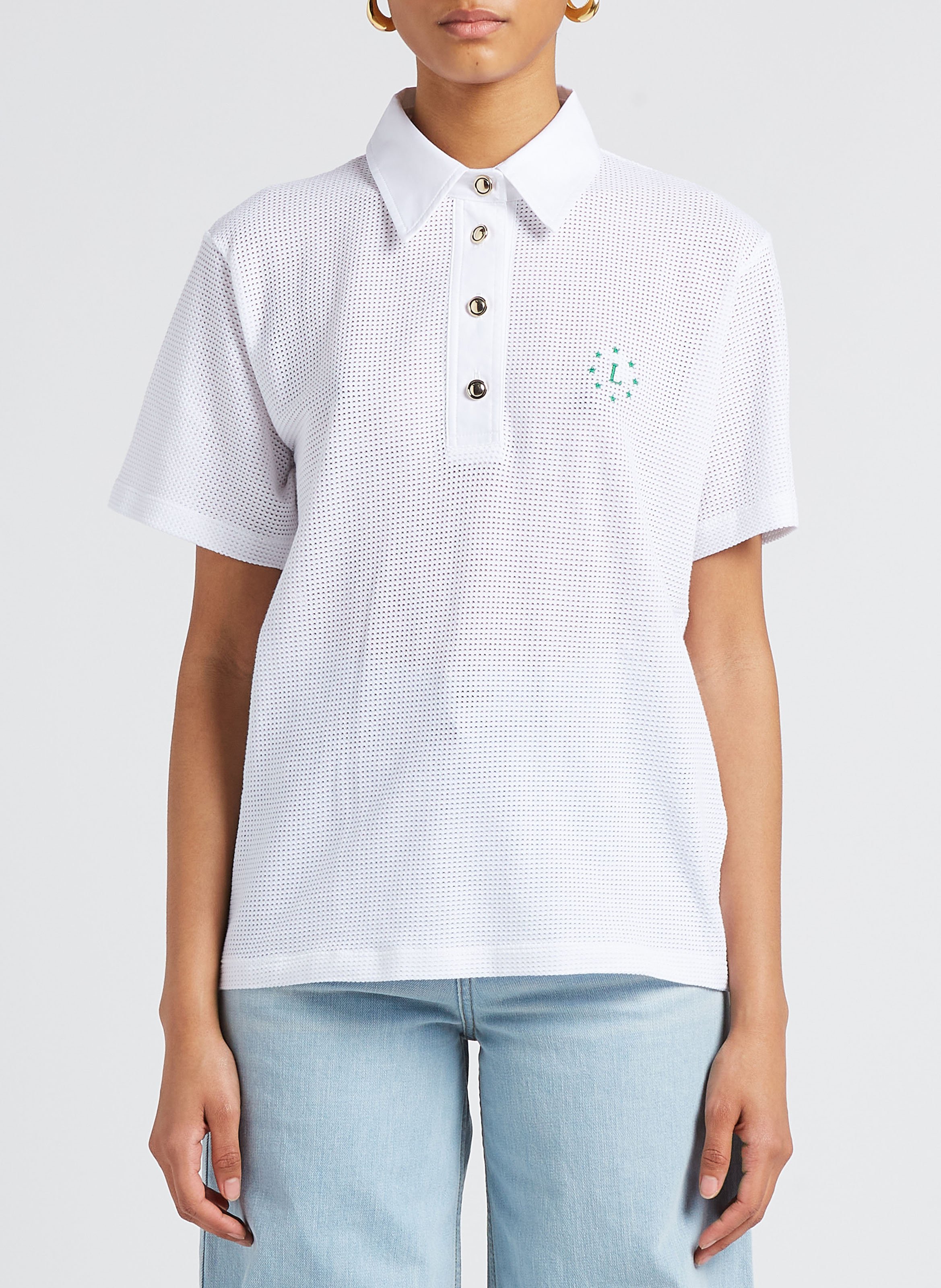 Gerade geschnittenes Poloshirt aus Baumwoll-Mix mit Ajourmuster MARGAUX LONNBERG Weiss