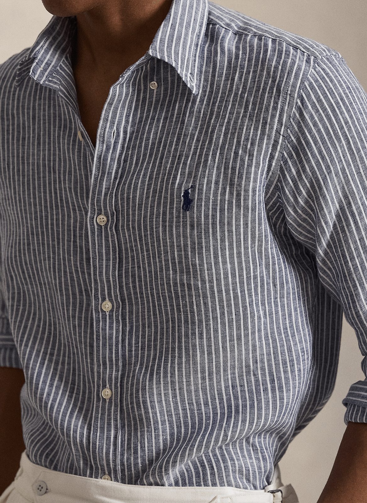 Camisa recta cuello clásico de lino a rayas POLO RALPH LAUREN Azul