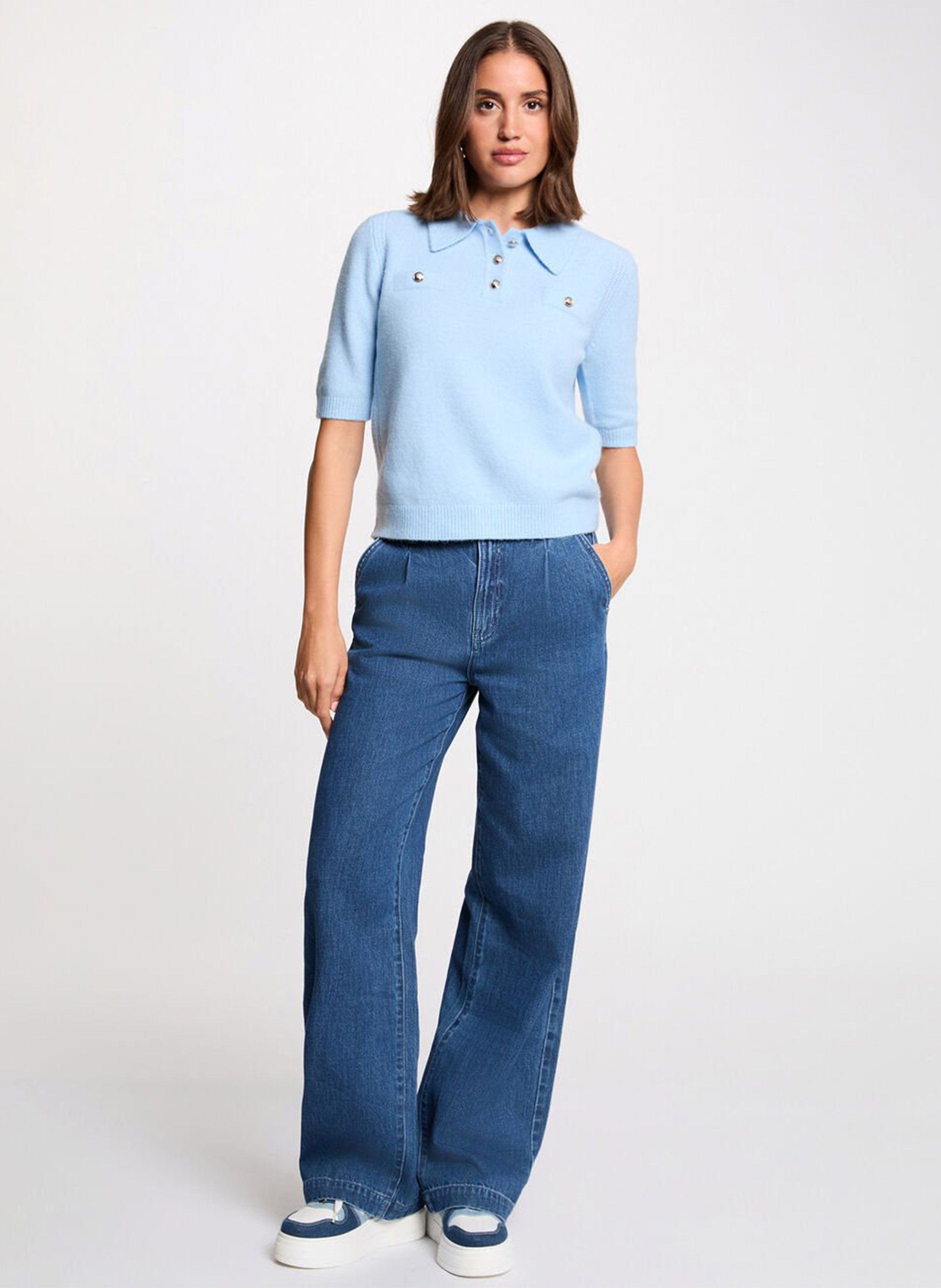 Short-sleeved solid knit polo MORGAN Blue