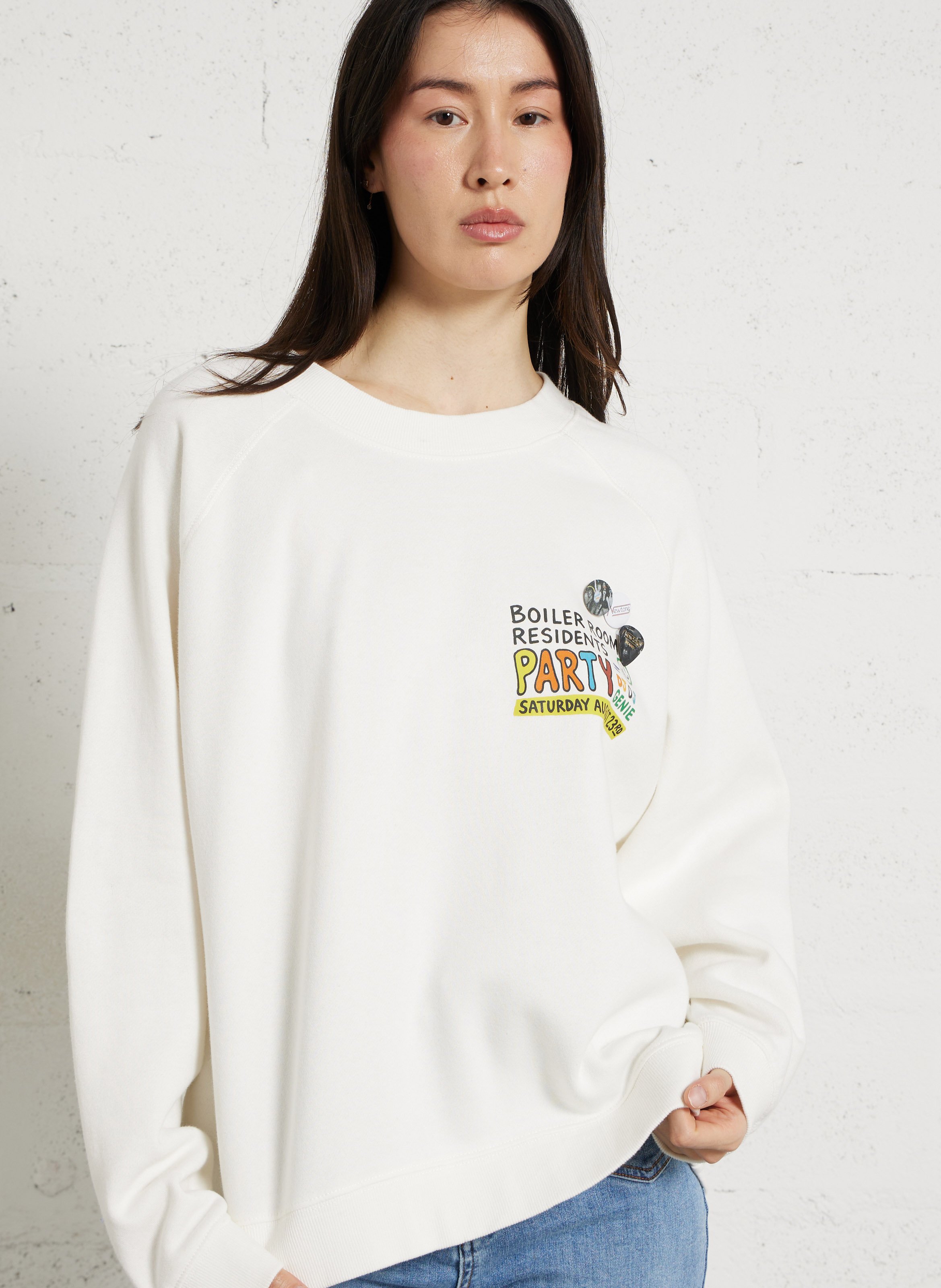 Gerade geschnittener Rundhals-Sweater mit Siebdruck NEWTONE Weiss