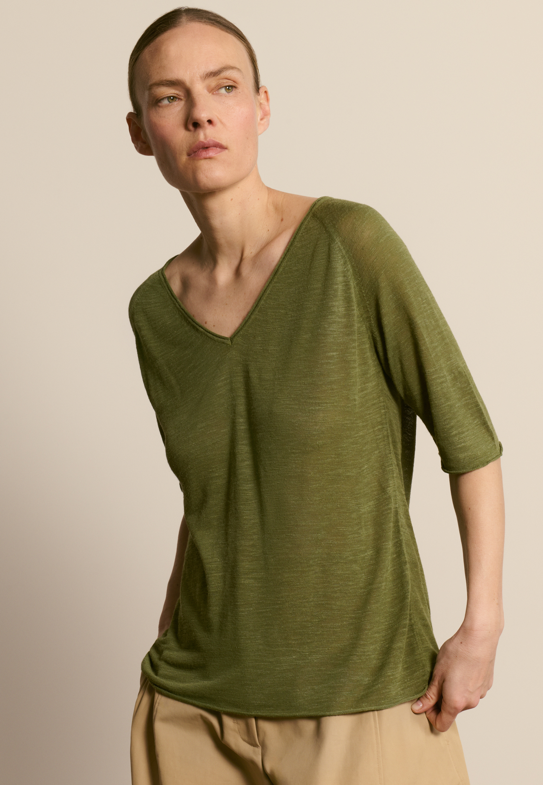 T-shirt col v en lin flammé MAISON MONTAGUT