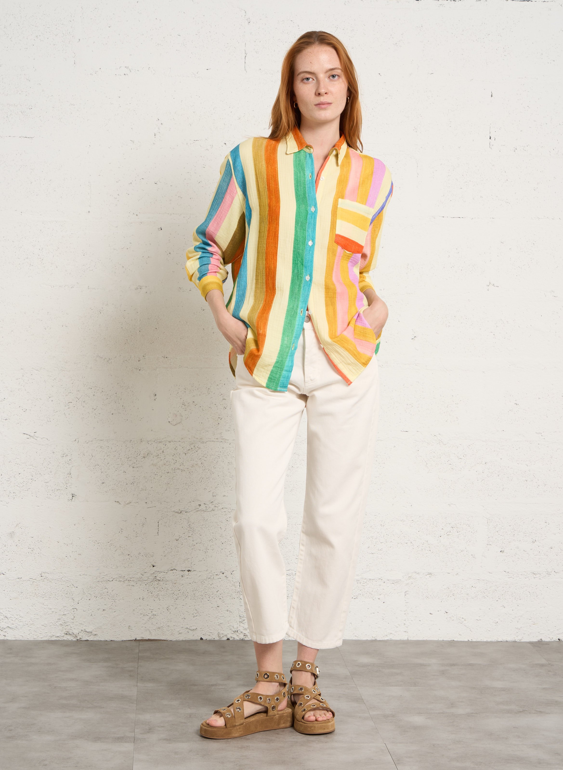 Chemise ample col classique rayée en gaze de coton G.KERO Multicolore