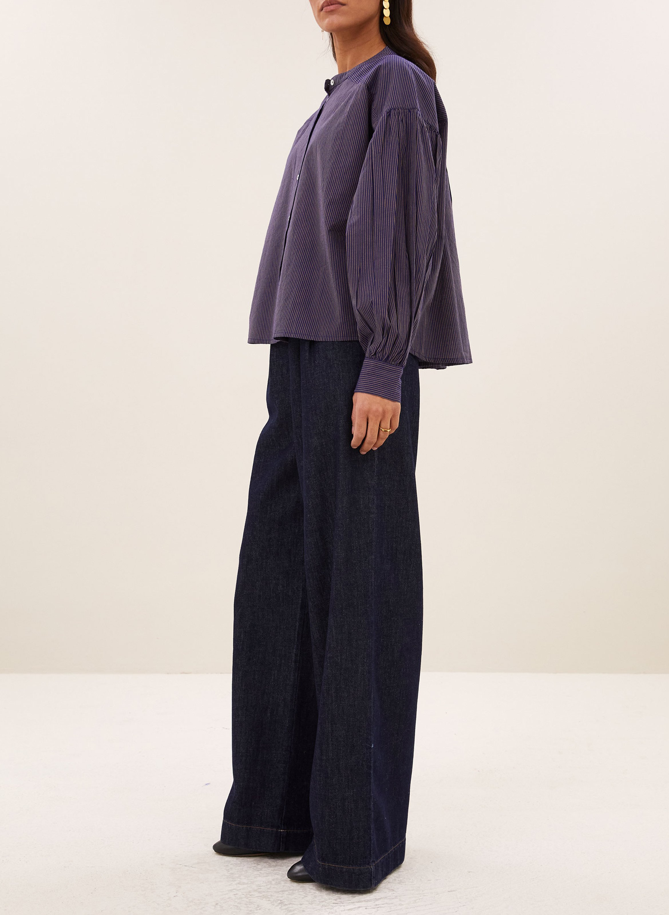 Blouse droite col rond rayée en coton bio BY BAR Prune