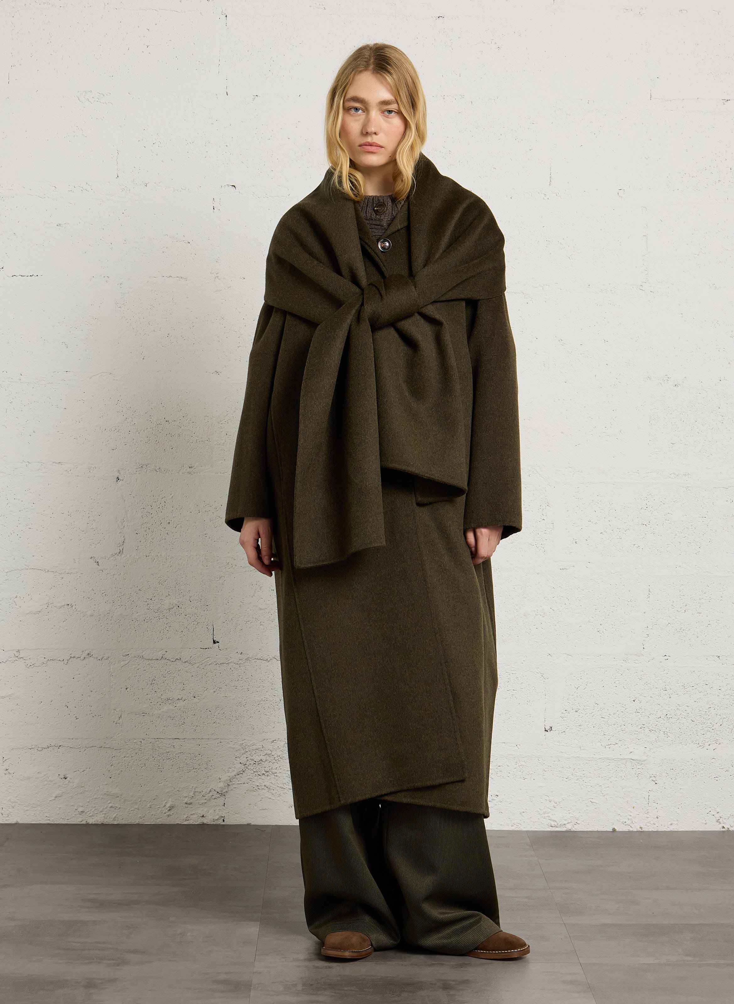 Manteau oversize à écharpé en laine mélangée SOEUR Kaki