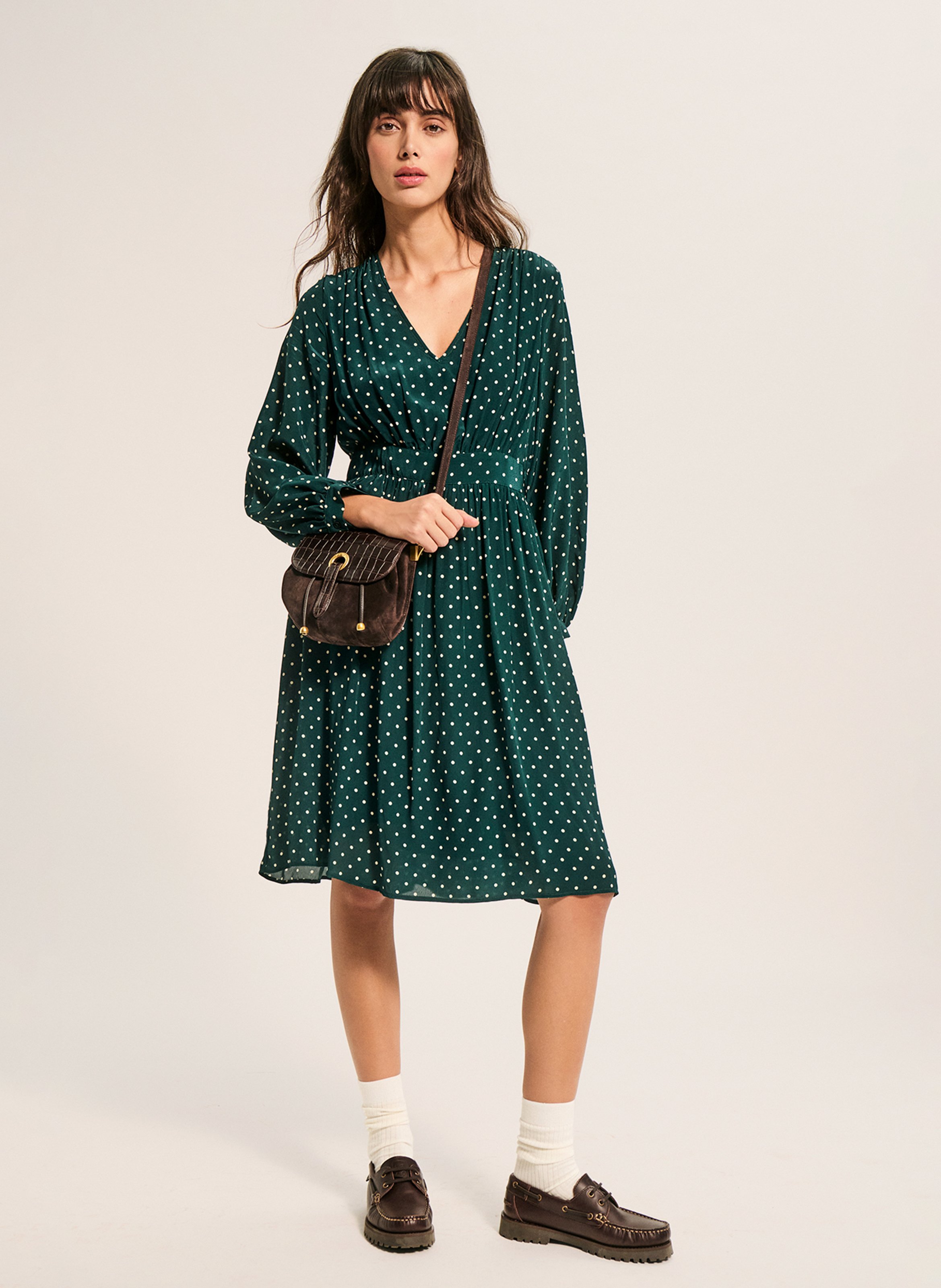 Robe courte fluide col V à pois PABLO Vert