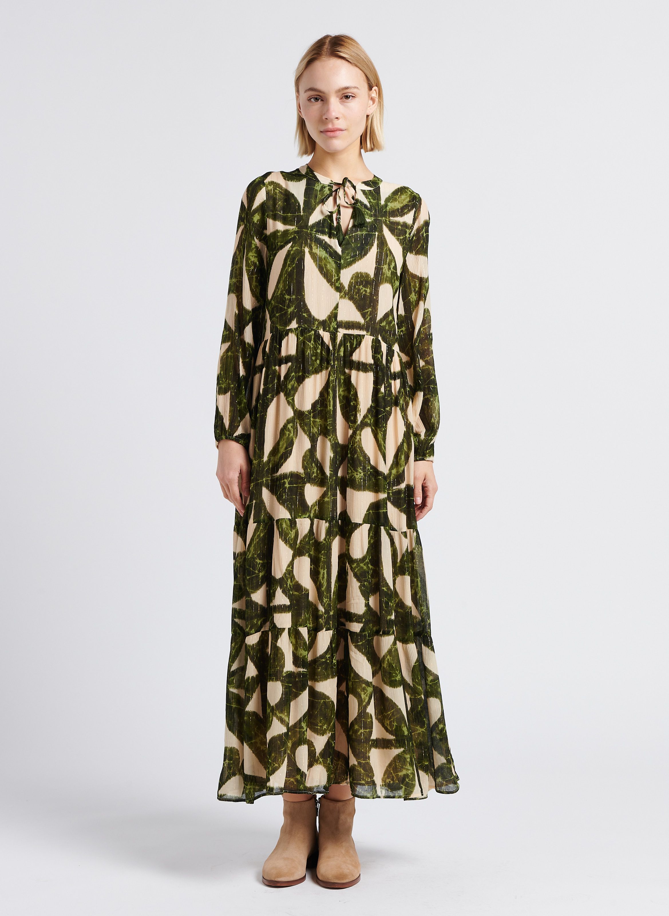 Vert Long printed V neck dress