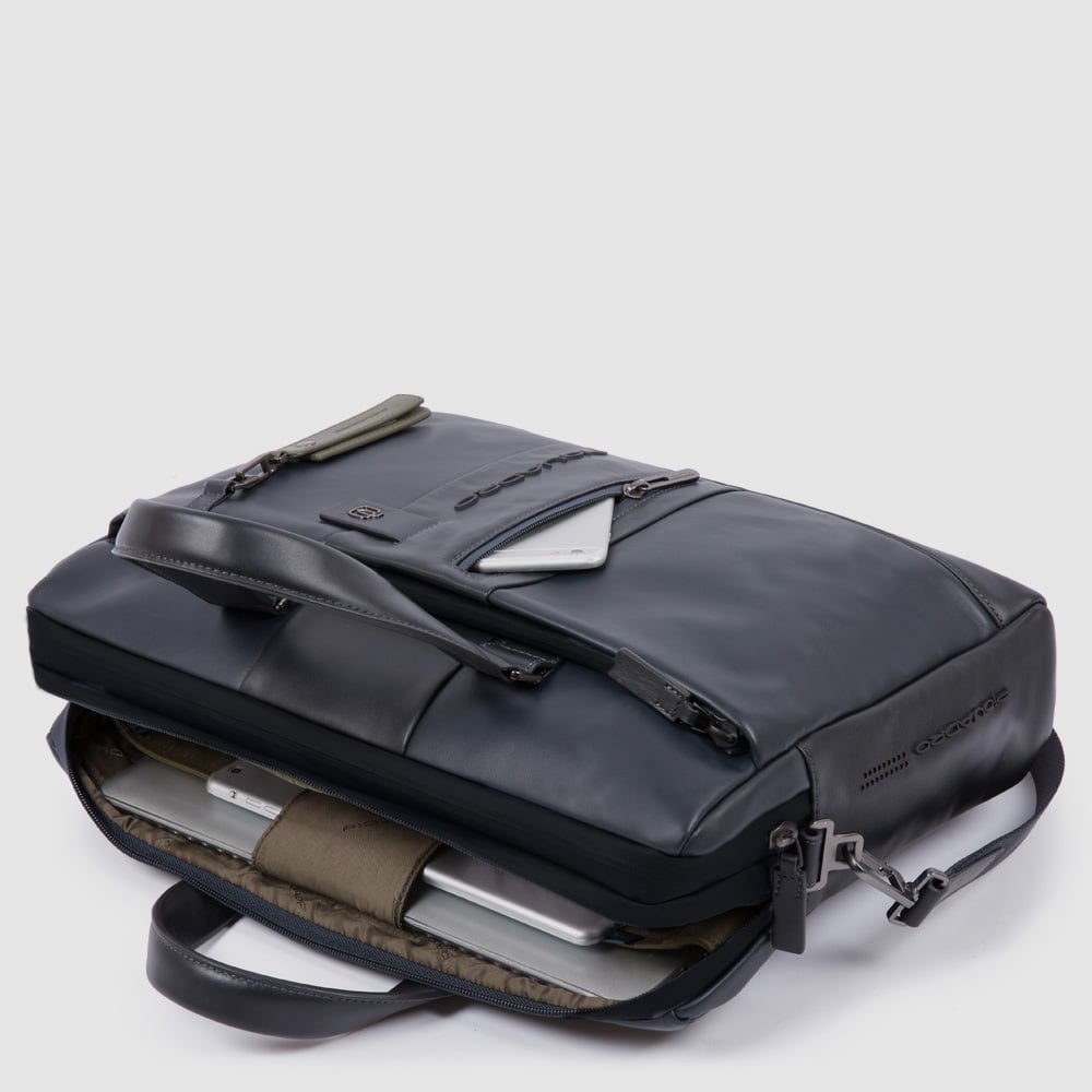 Computer and iPad® carrying briefcase with 2 handles, customizable tag, and connector pocket PIQUADRO Black