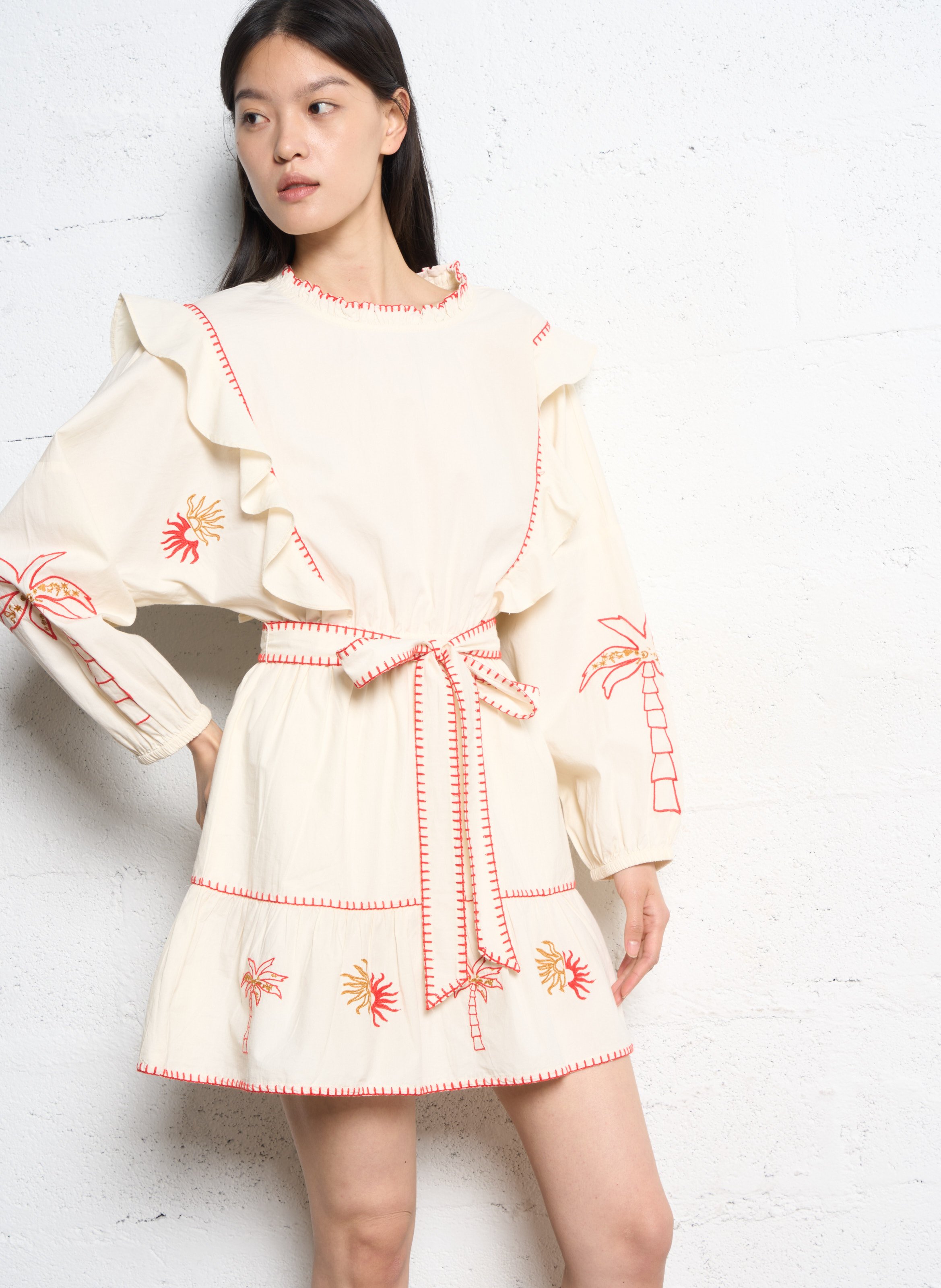 Short embroidered dress with ruffles NEVER FULLY DRESSED White