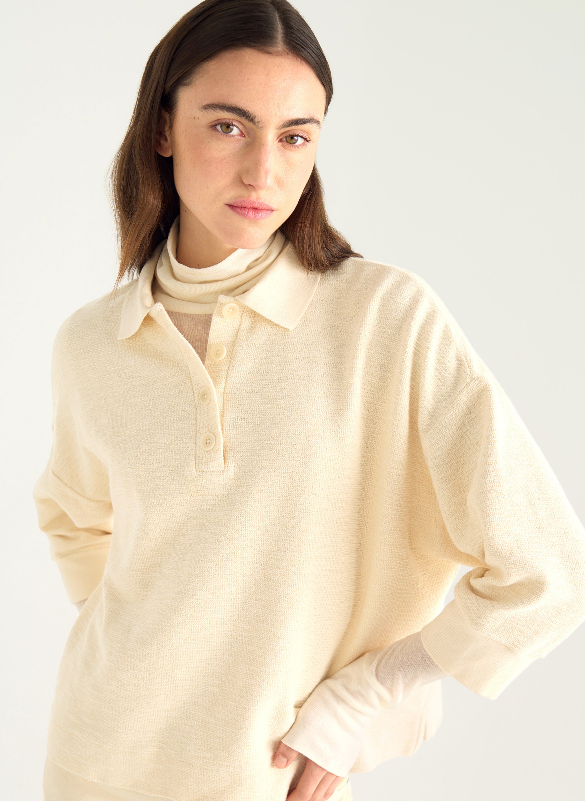 Loose fit solid 3/4 sleeve polo ACOTE White