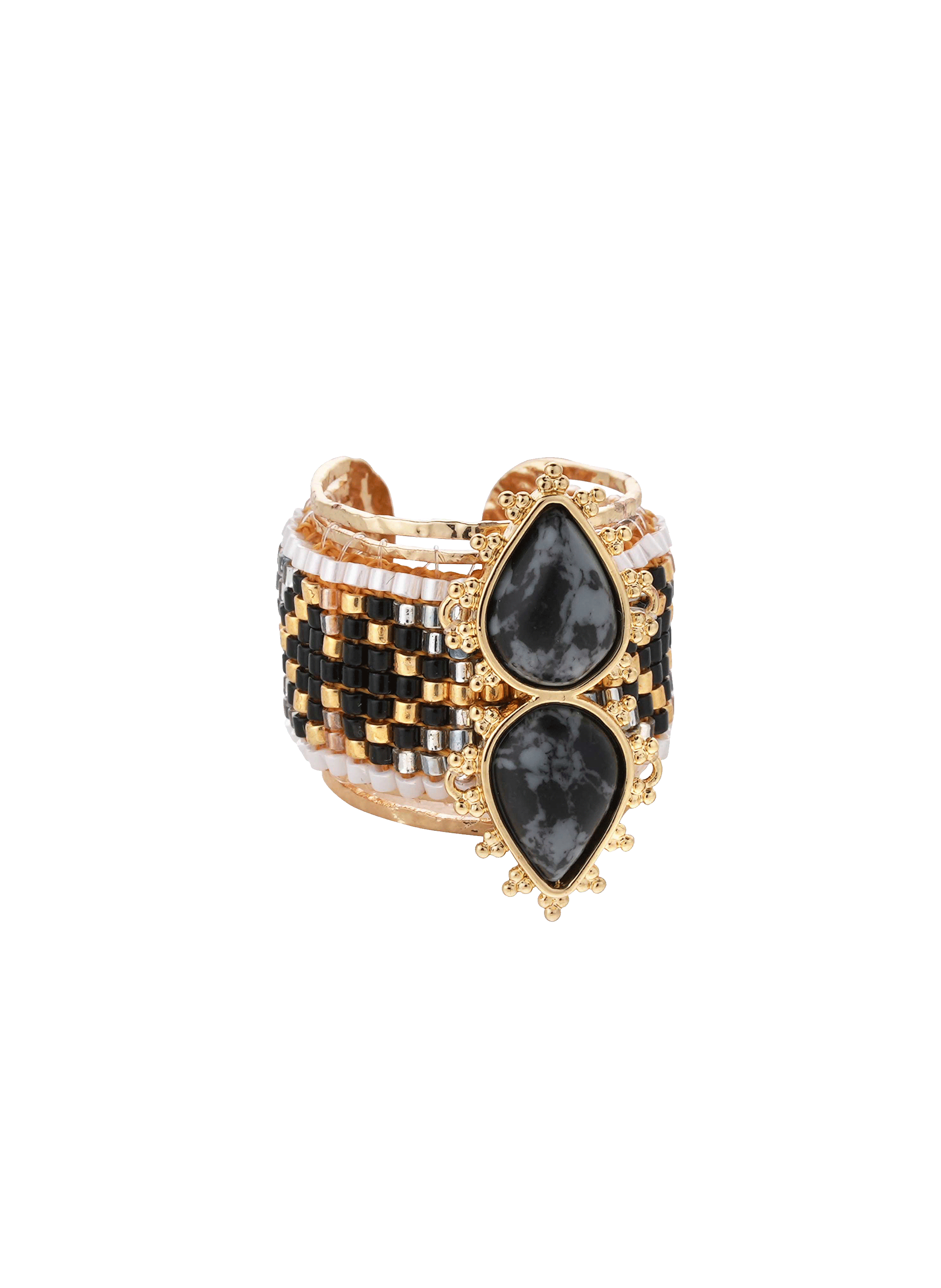 Adjustable ring with central cabochon and woven beads HIPANEMA Black