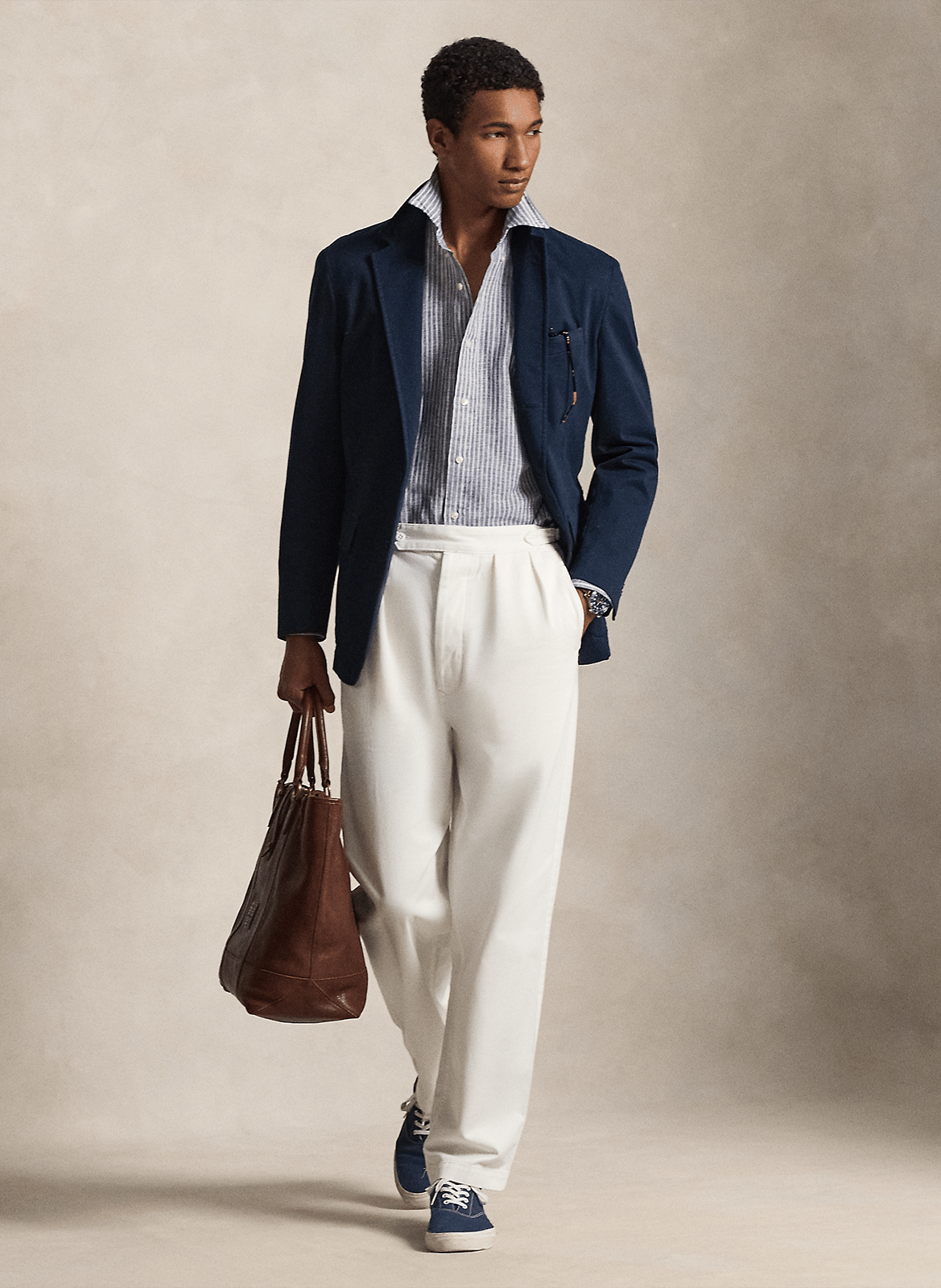 Camisa recta cuello clásico de lino a rayas POLO RALPH LAUREN Azul