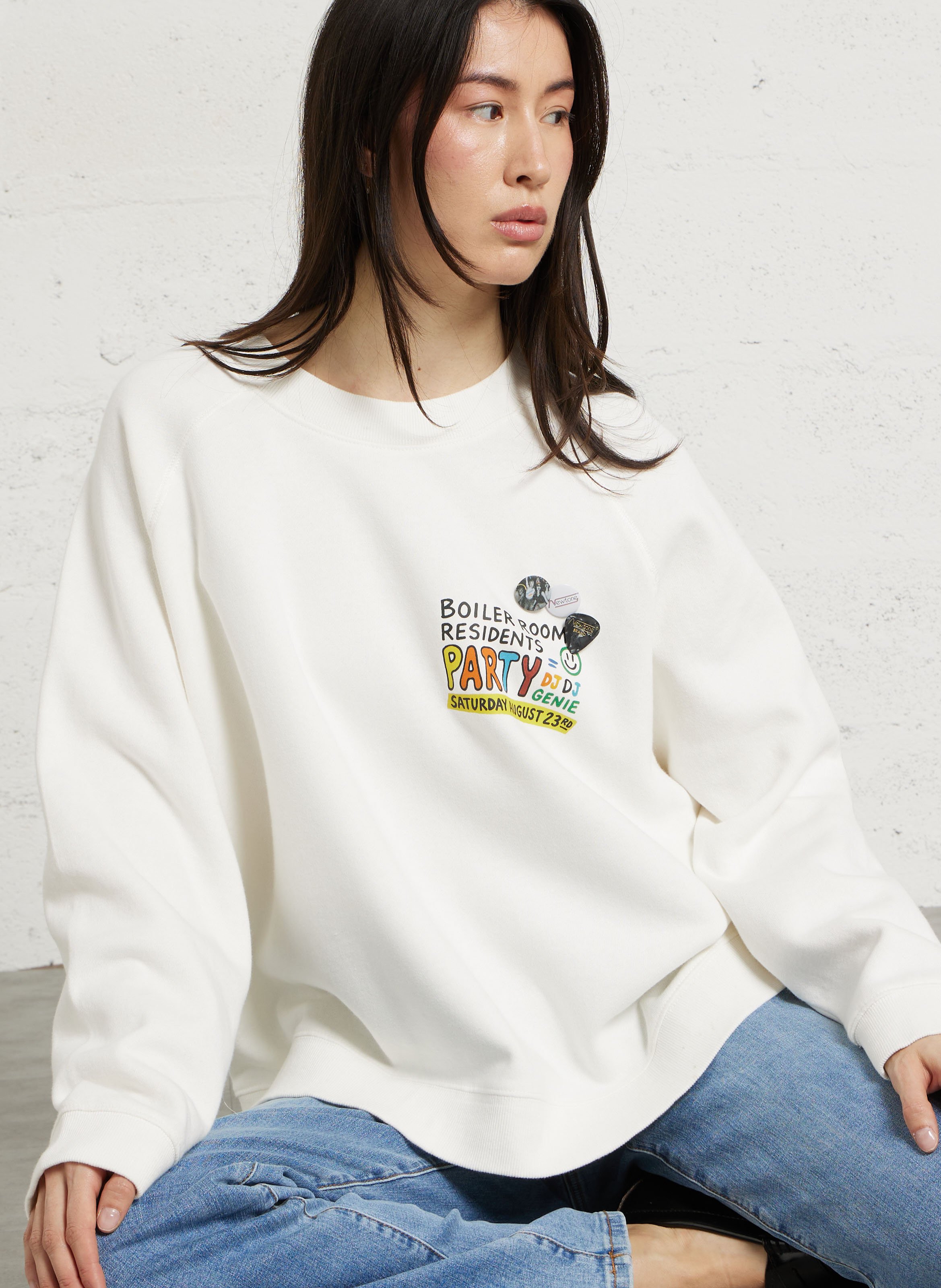 Gerade geschnittener Rundhals-Sweater mit Siebdruck NEWTONE Weiss