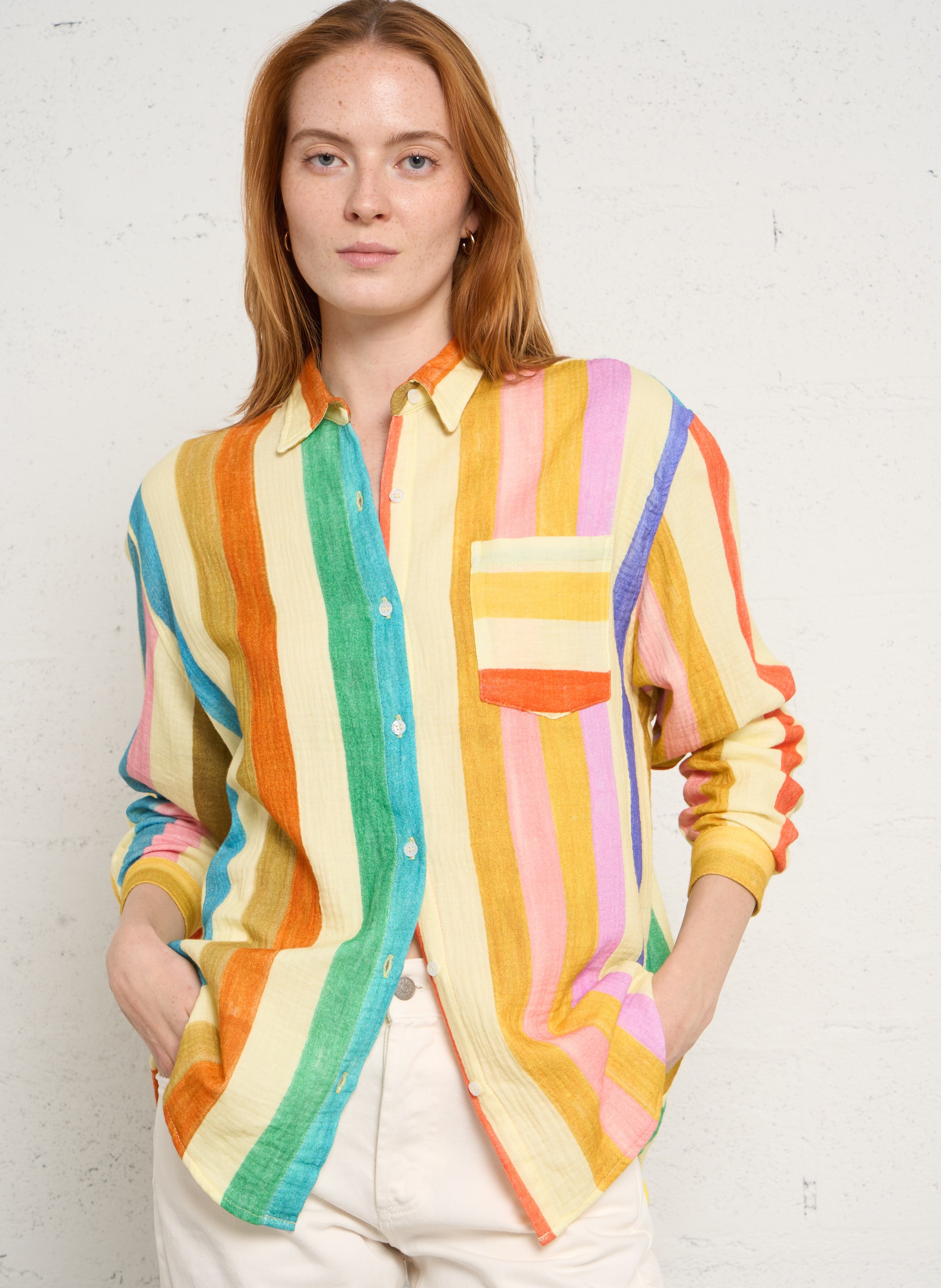 Chemise ample col classique rayée en gaze de coton G.KERO Multicolore