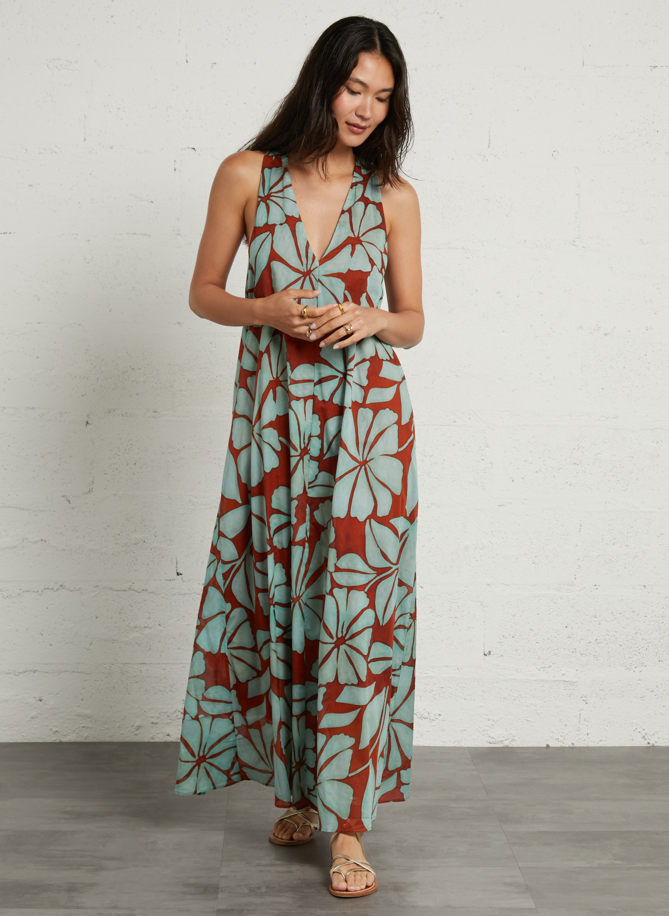 Robe longue col V en coton SUD EXPRESS Marron