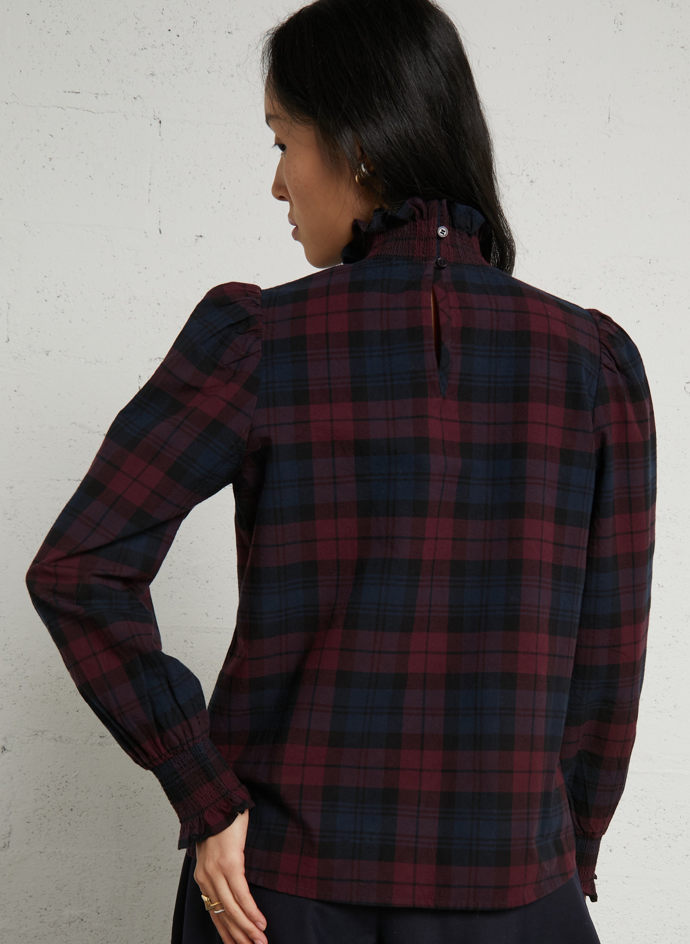 Checkered high-neck top with ruffle in cotton PETITE MENDIGOTE Blue