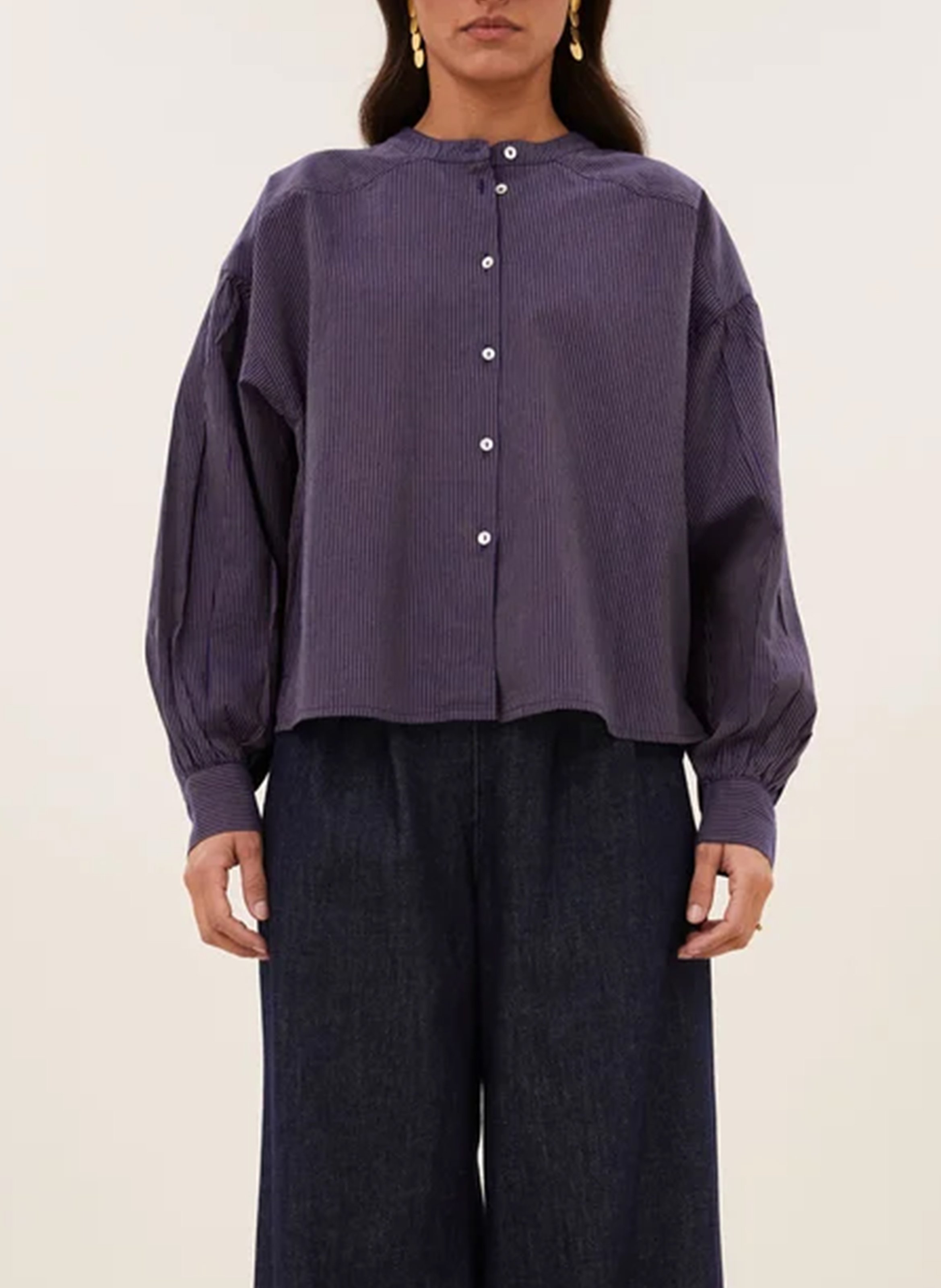 Blouse droite col rond rayée en coton bio BY BAR Prune