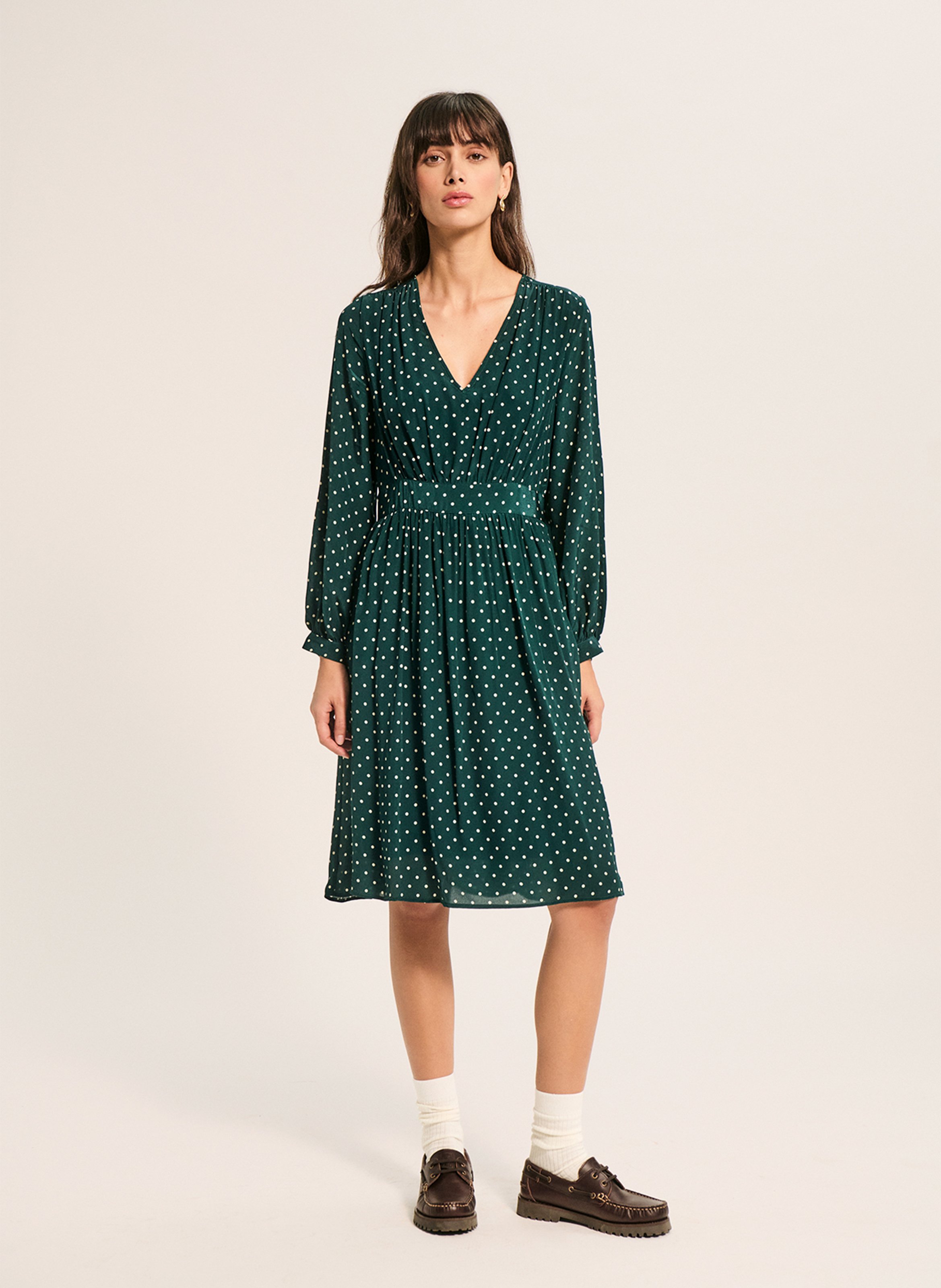 Robe courte fluide col V à pois PABLO Vert