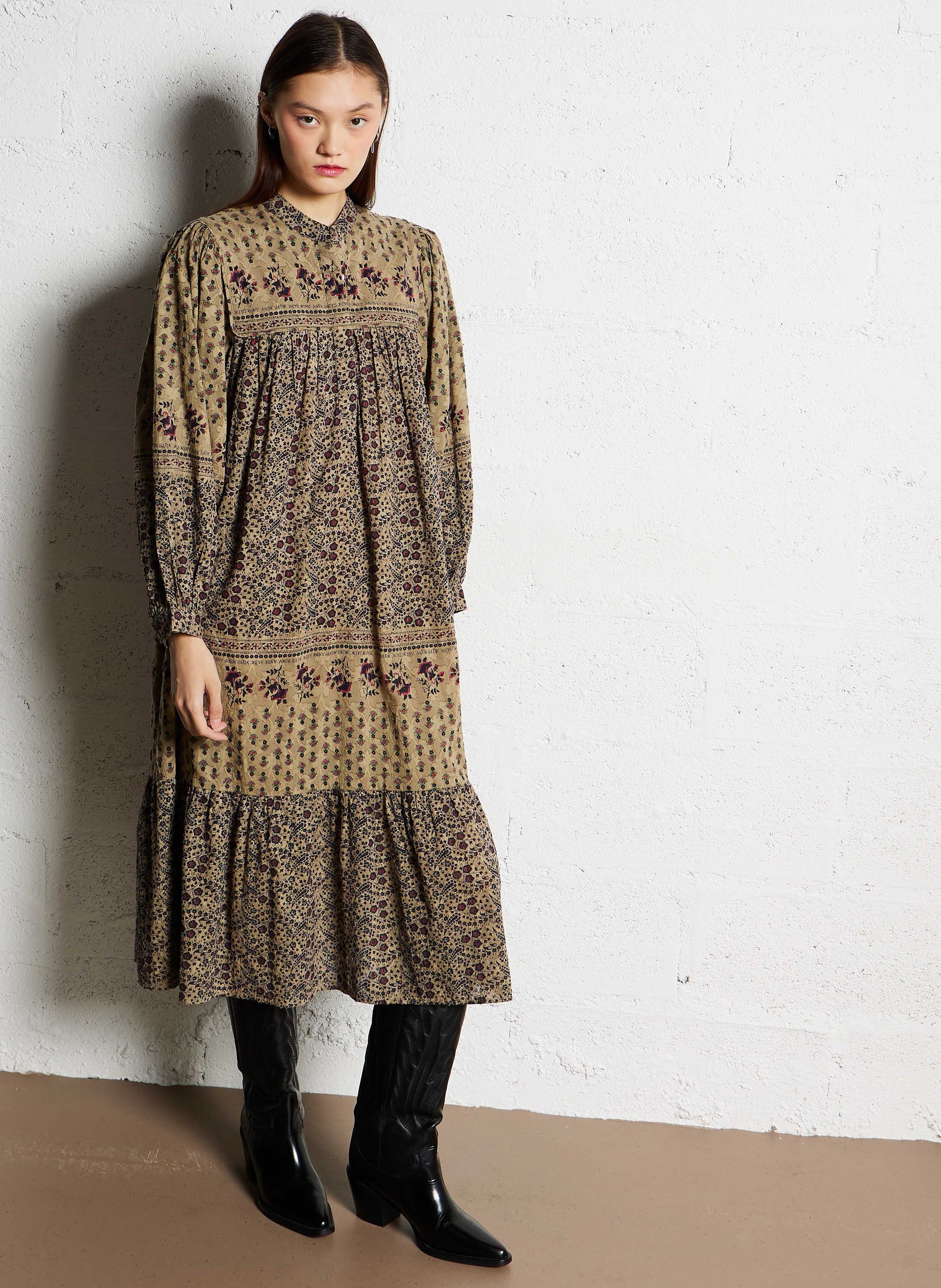Langes Rundhals-Kleid aus bedruckter Baumwolle ANTIK BATIK Khaki