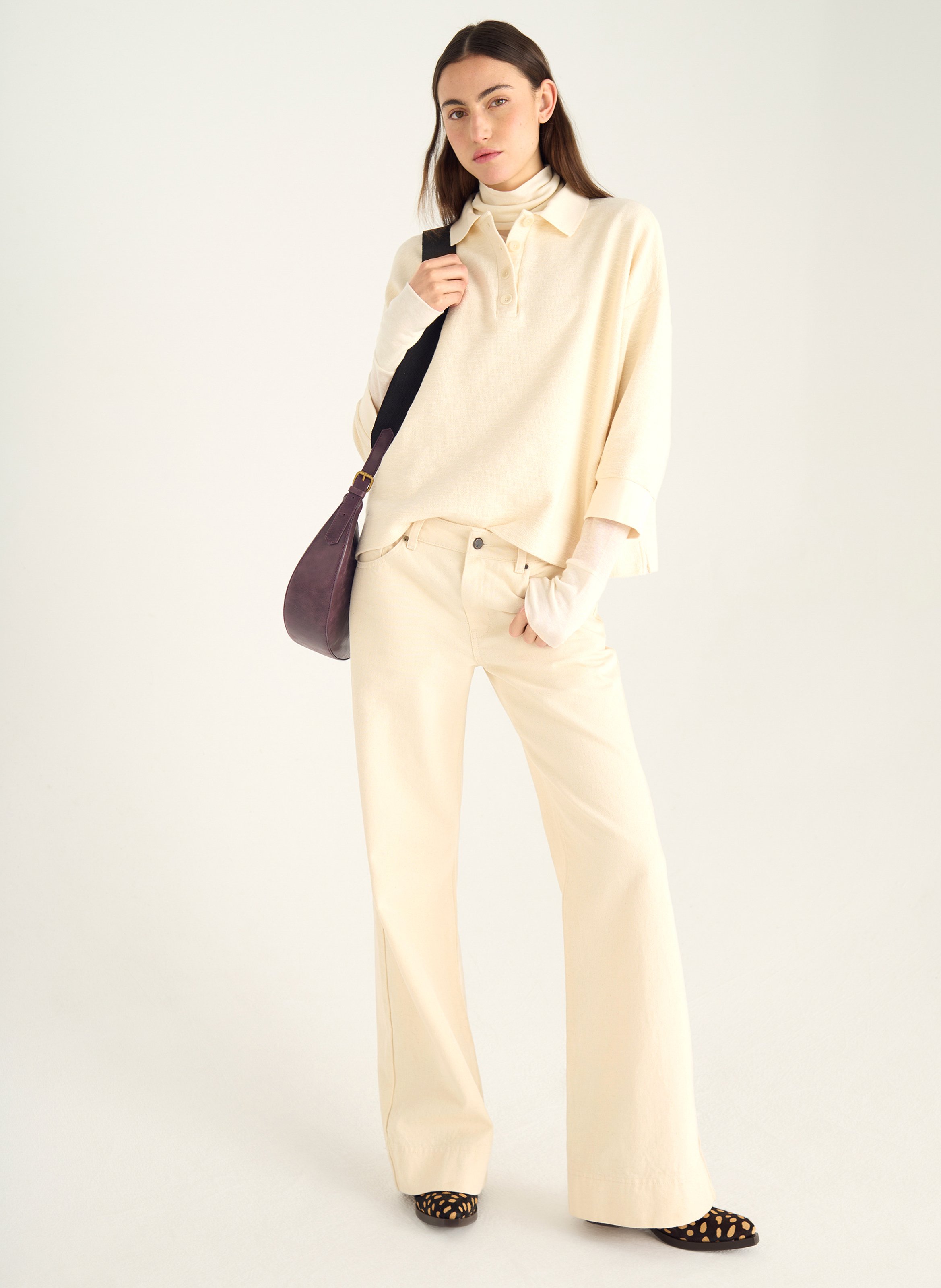 Loose fit solid 3/4 sleeve polo ACOTE White