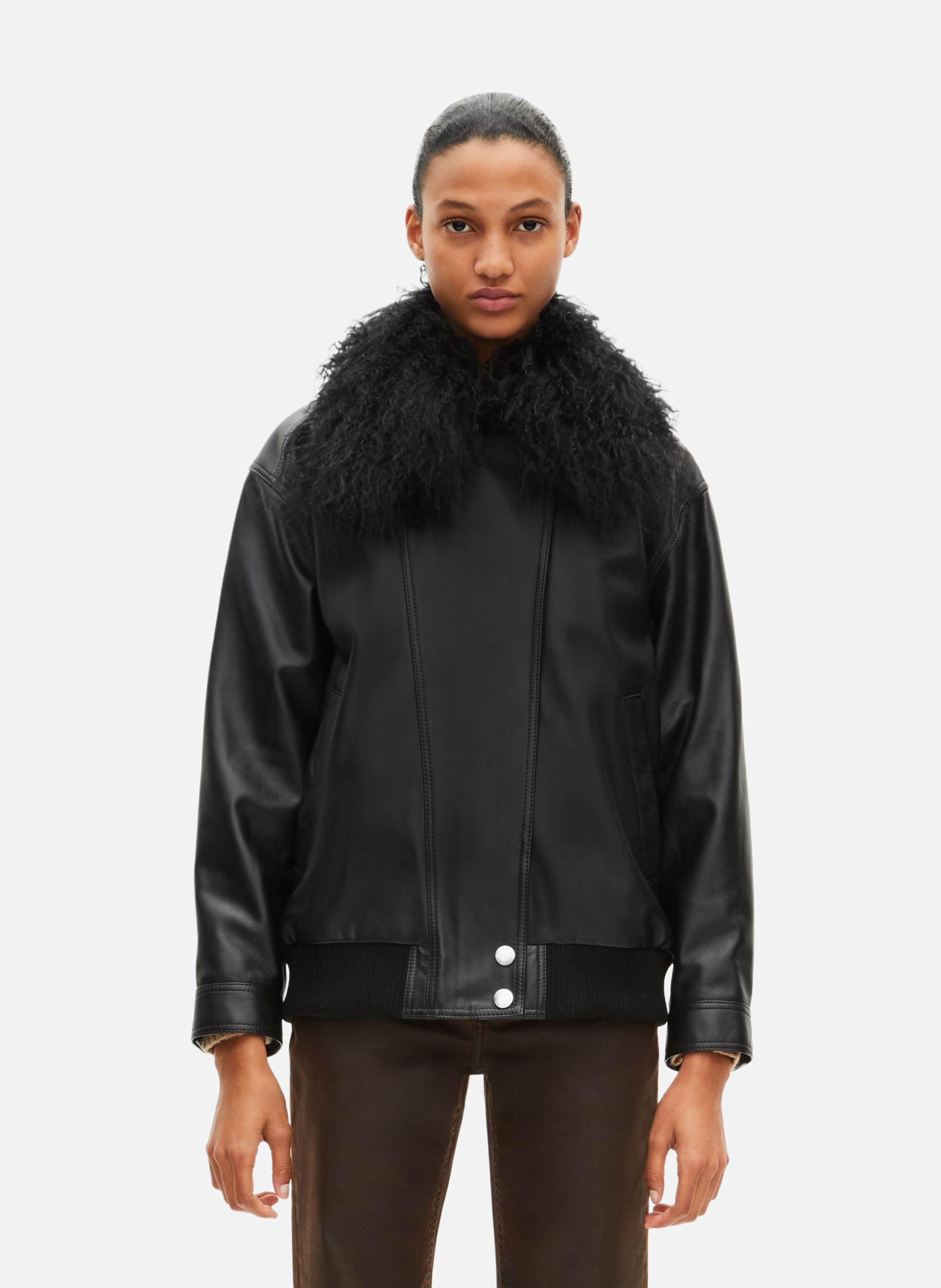 Leather jacket with removable fur collar THE KOOPLES Black