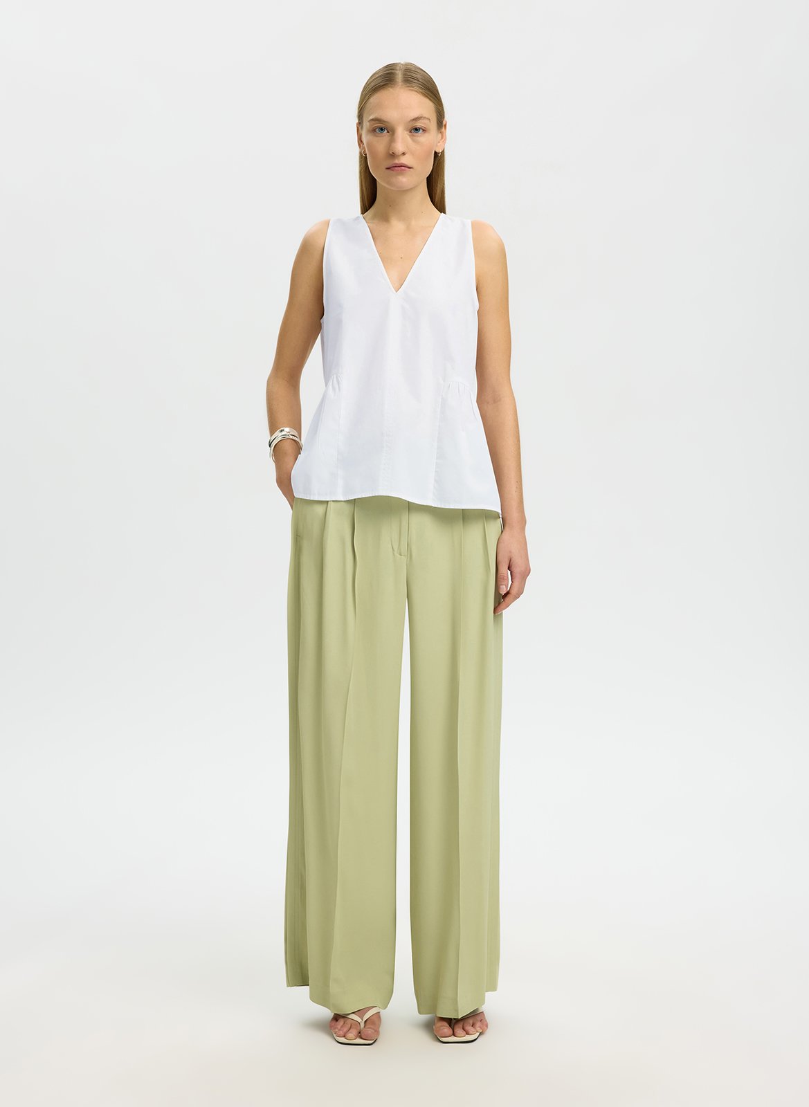 Straight V-neck organic cotton top SELECTED White