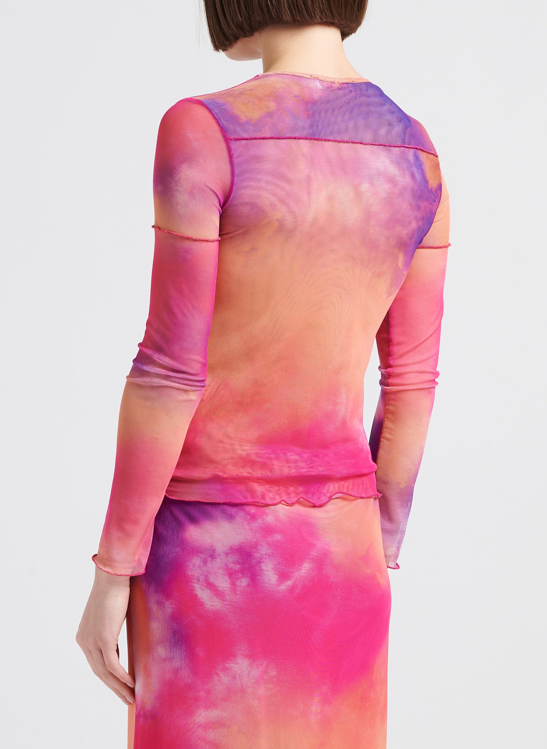 Top van mesh met ronde hals en print PLEASE Oranje