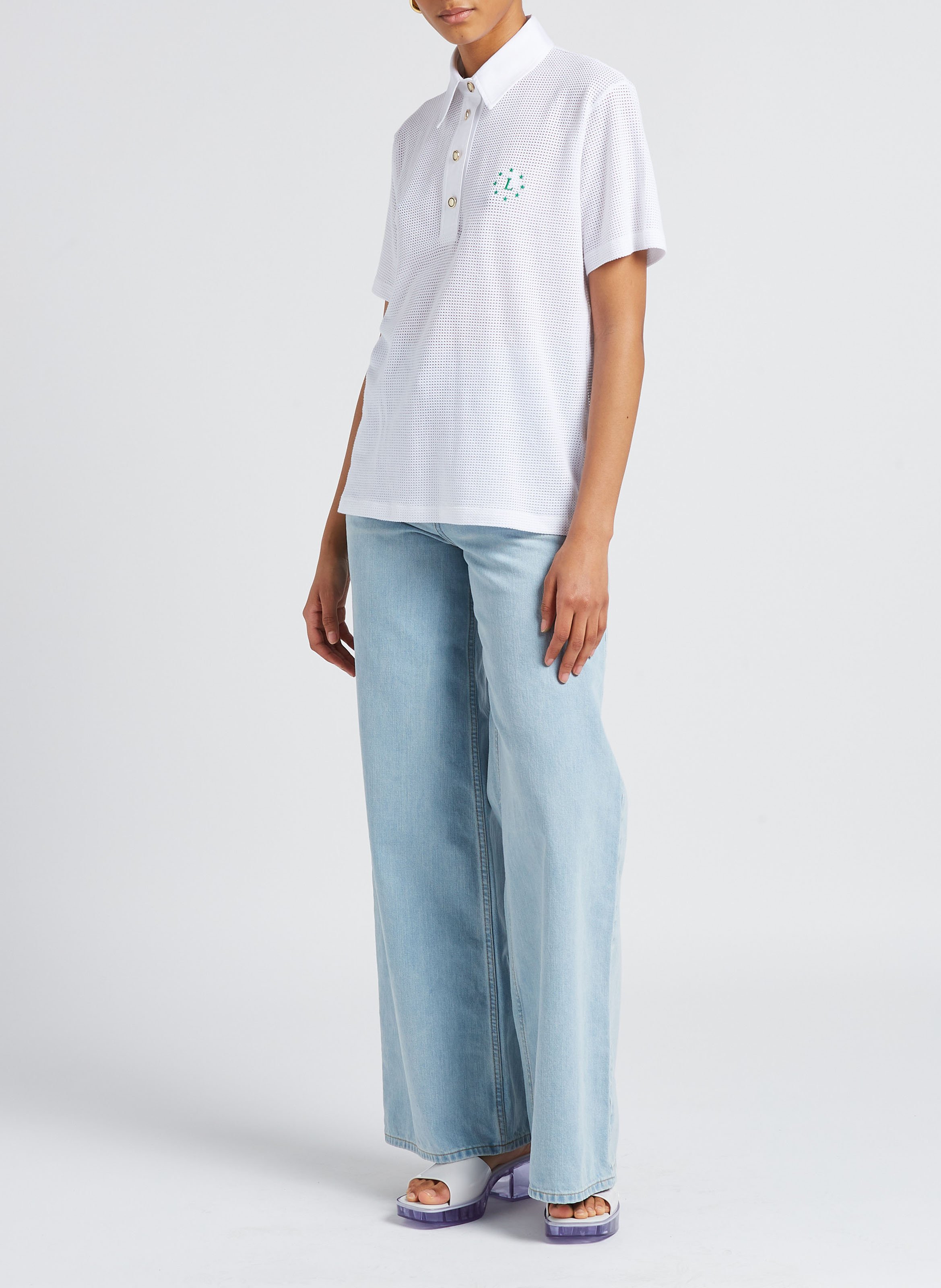 Gerade geschnittenes Poloshirt aus Baumwoll-Mix mit Ajourmuster MARGAUX LONNBERG Weiss