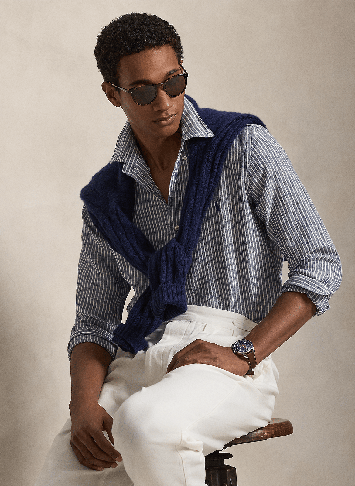 Camisa recta cuello clásico de lino a rayas POLO RALPH LAUREN Azul