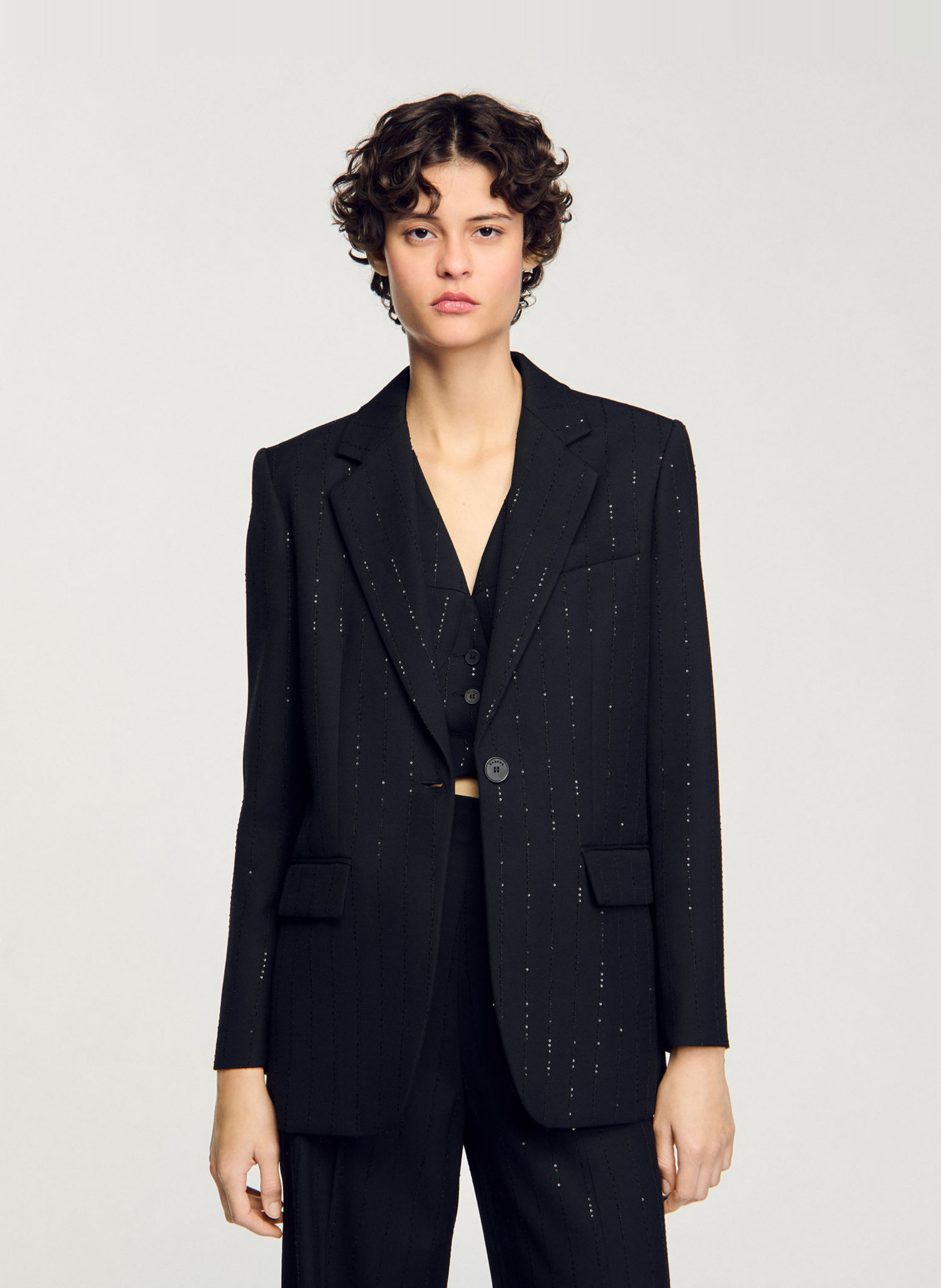 Veste tailleur rayée à sequins SANDRO Noir