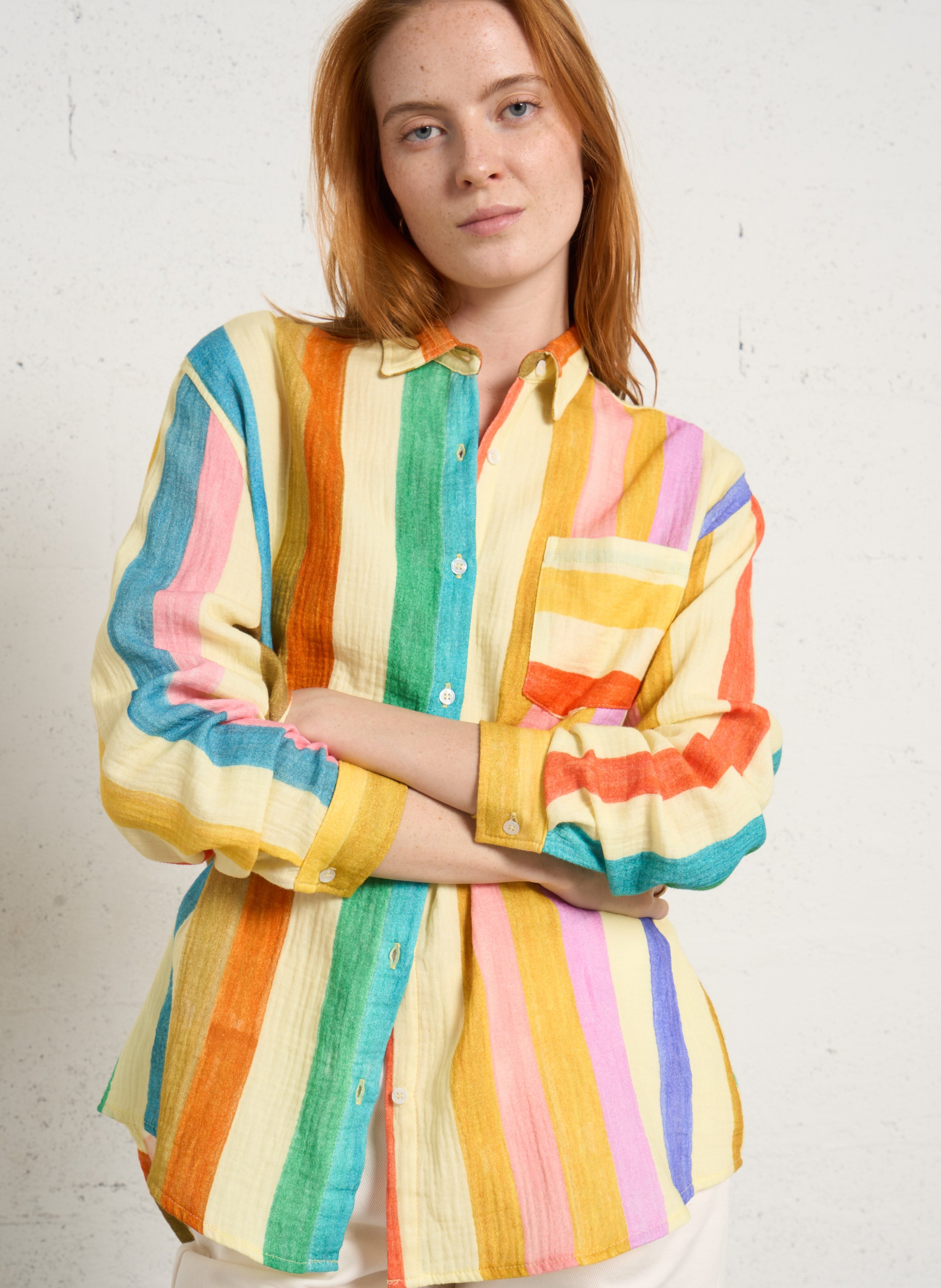 Chemise ample col classique rayée en gaze de coton G.KERO Multicolore