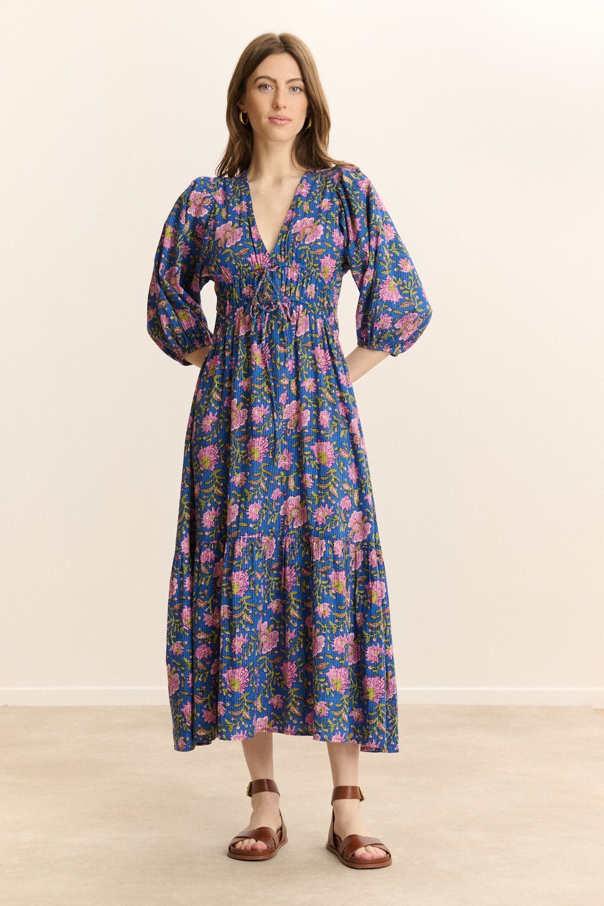Robe midi manches 3/4 imprimée GARANCE PARIS Bleu