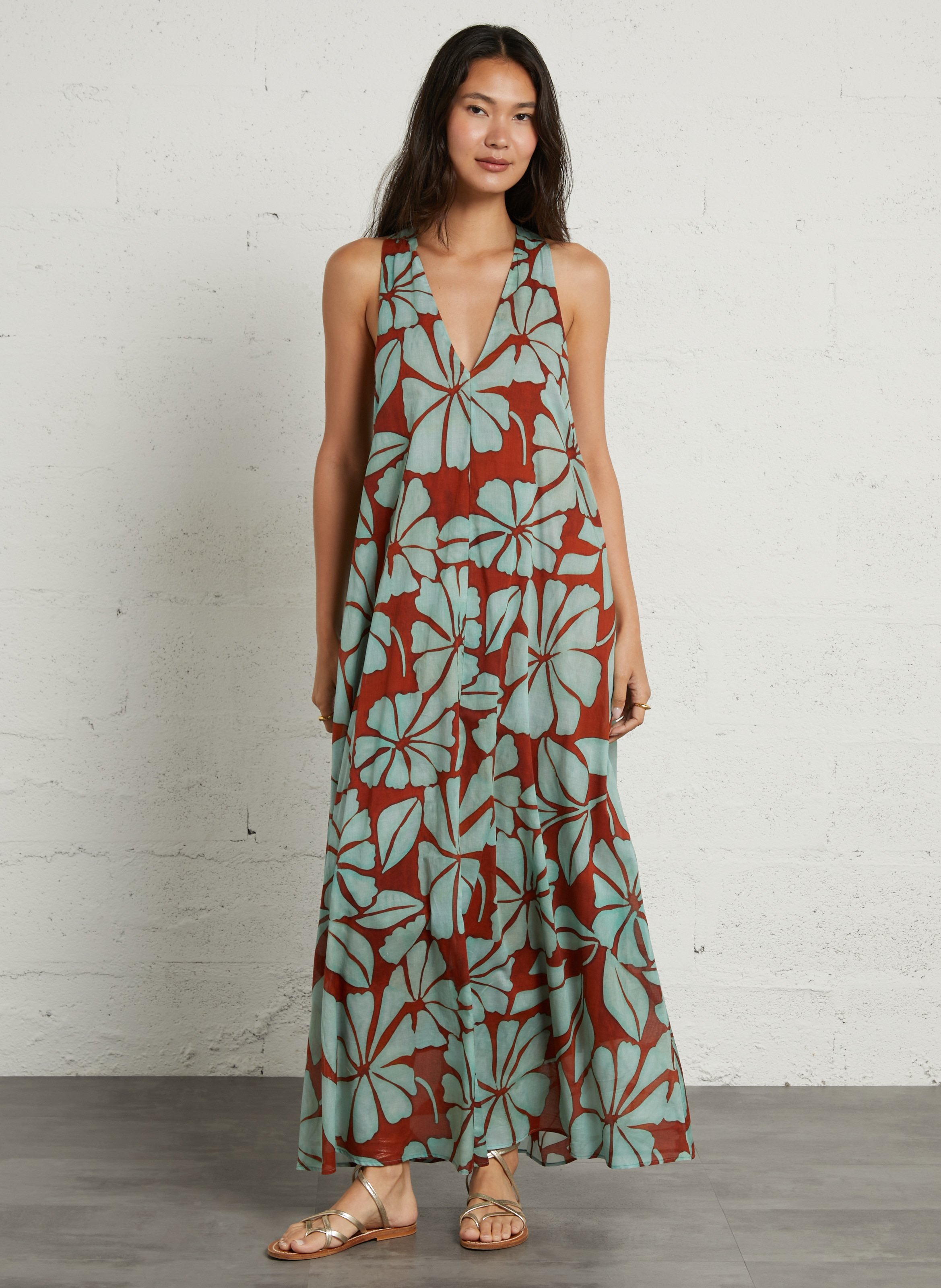 Robe longue col V en coton SUD EXPRESS Marron