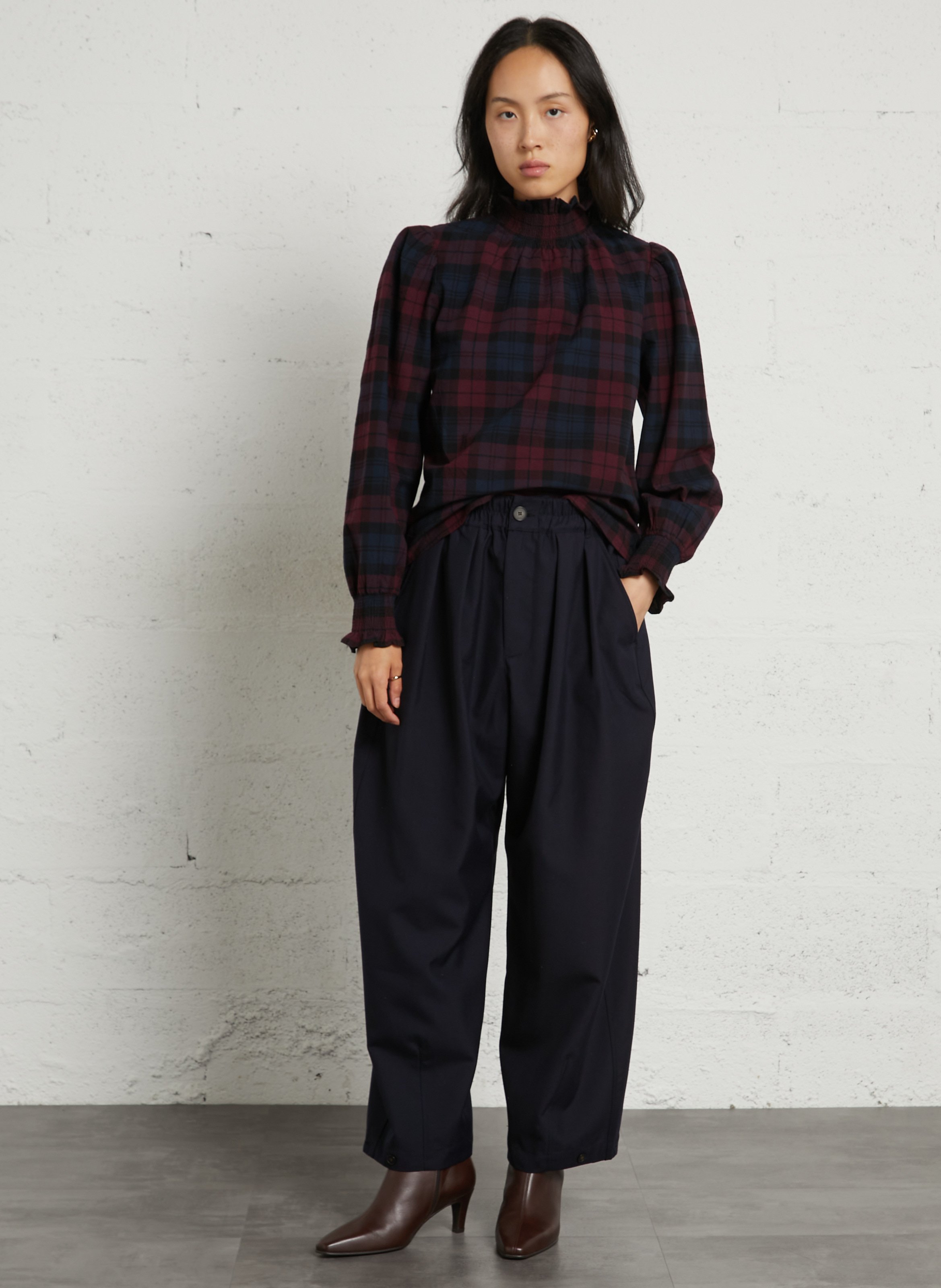 Checkered high-neck top with ruffle in cotton PETITE MENDIGOTE Blue