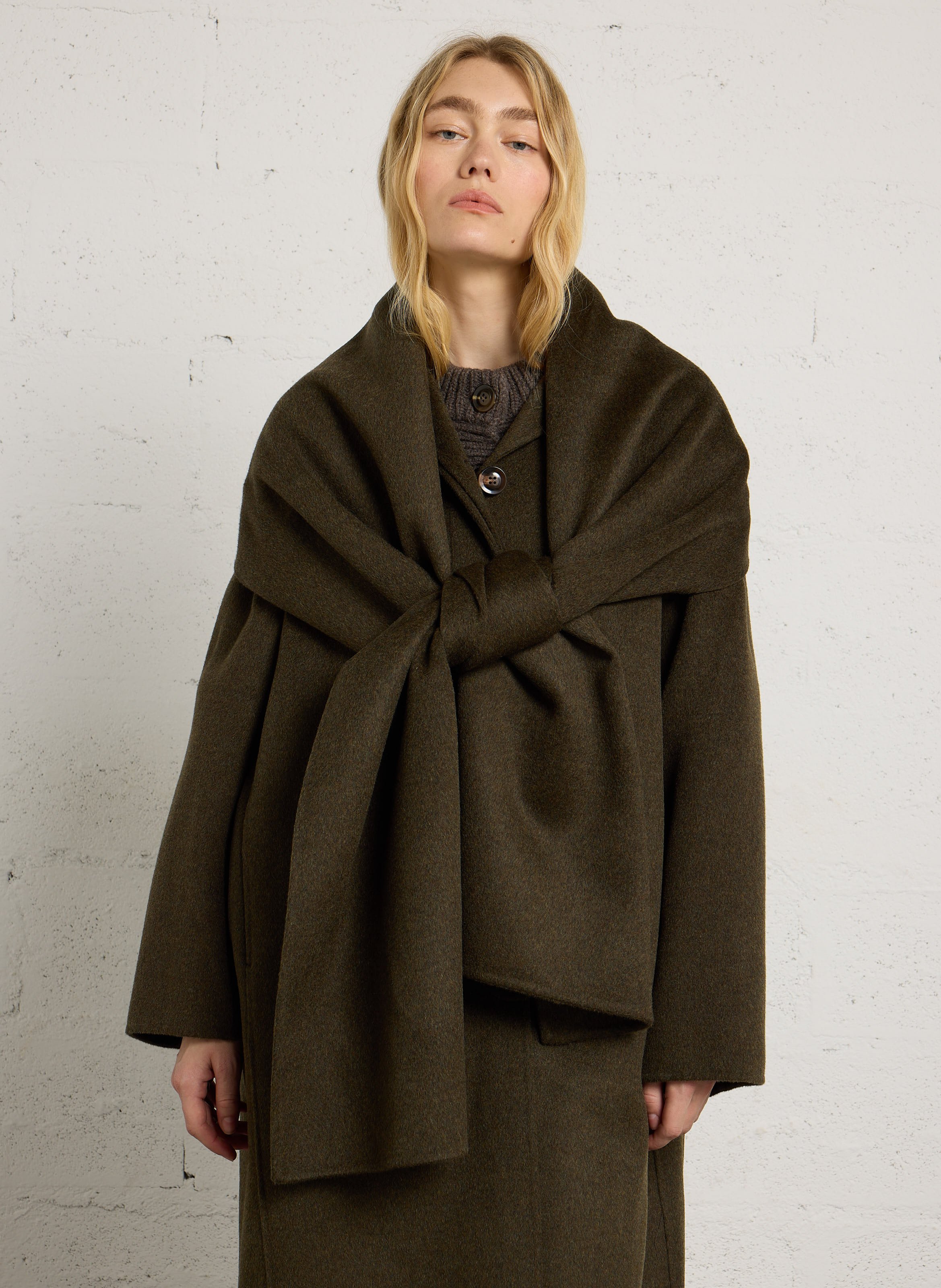 Manteau oversize à écharpé en laine mélangée SOEUR Kaki