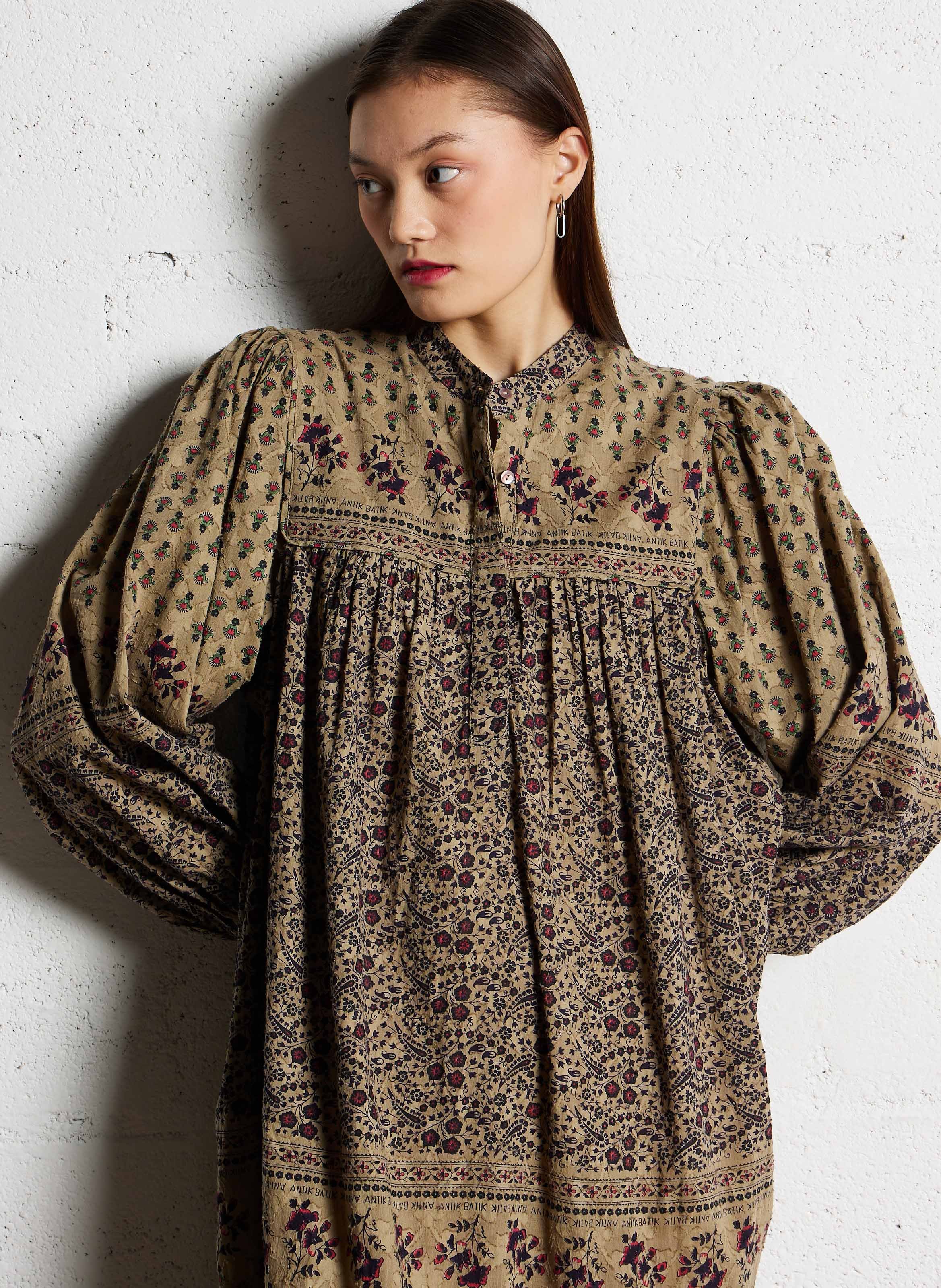 Langes Rundhals-Kleid aus bedruckter Baumwolle ANTIK BATIK Khaki