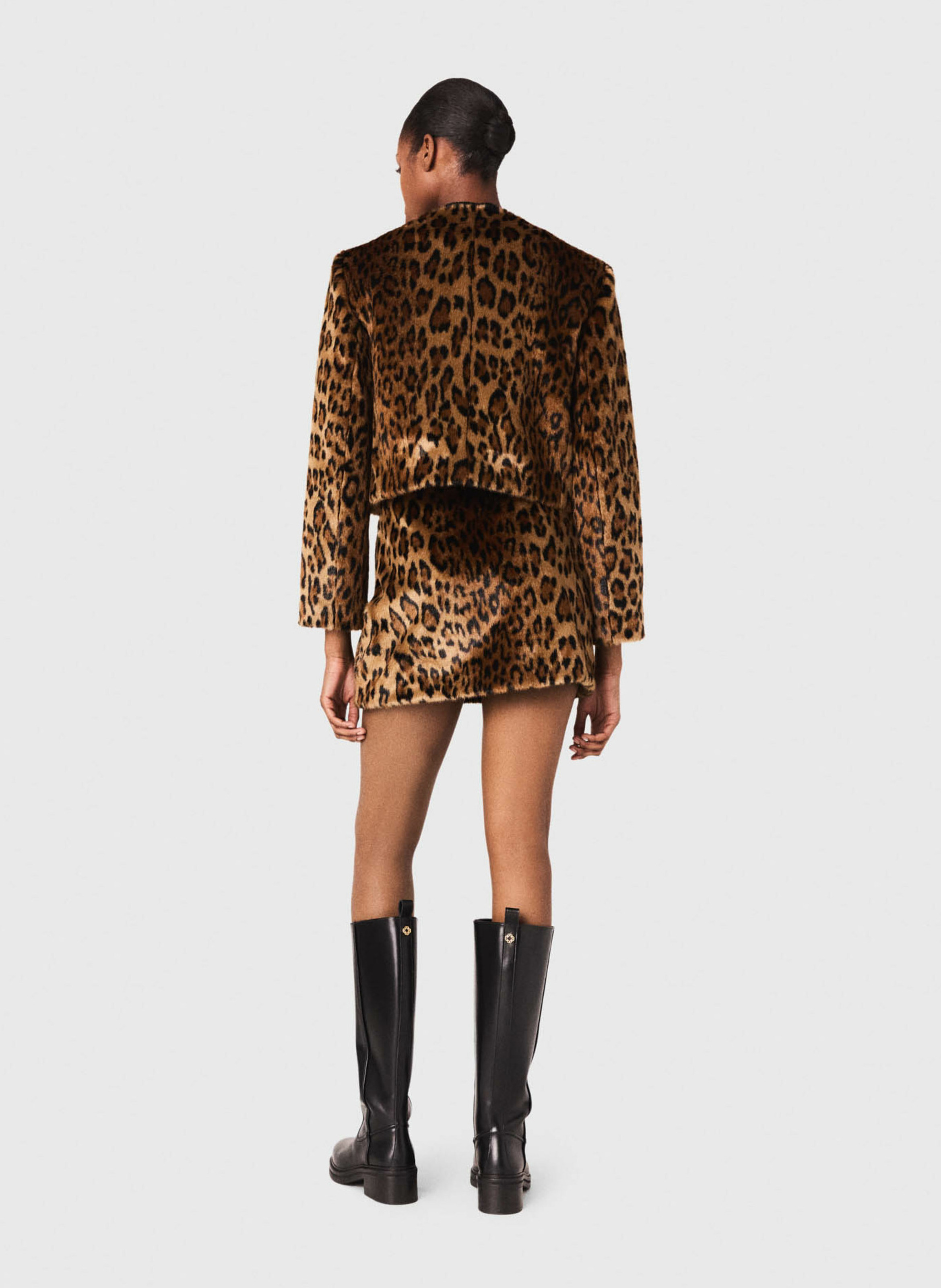 Straight jacket with round neckline in printed faux fur MAJE Brown
