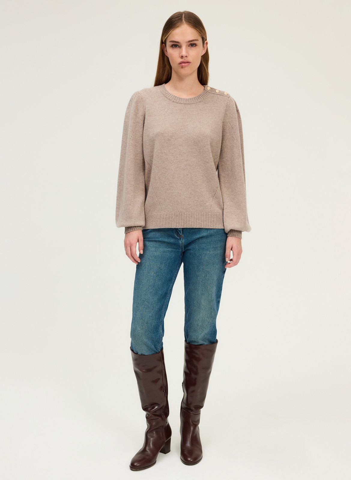 Pull droit col rond en laine ajourée PABLO Beige