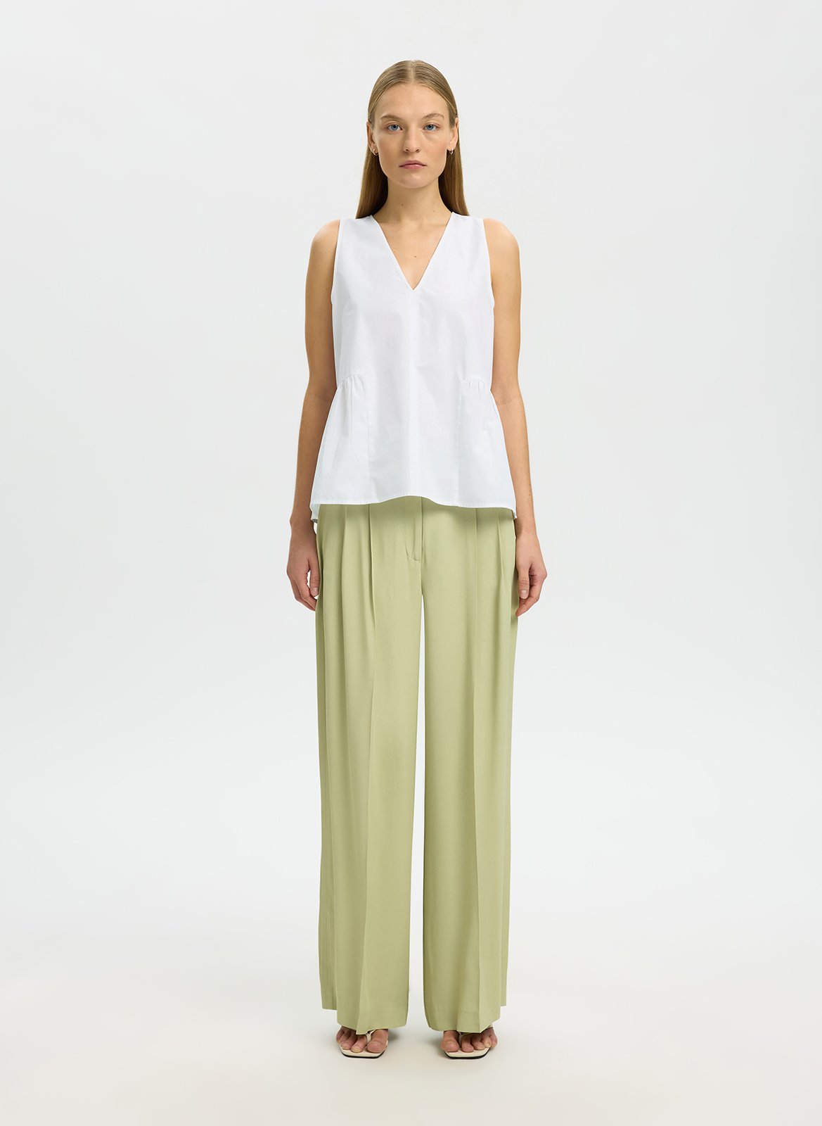 Straight V-neck organic cotton top SELECTED White