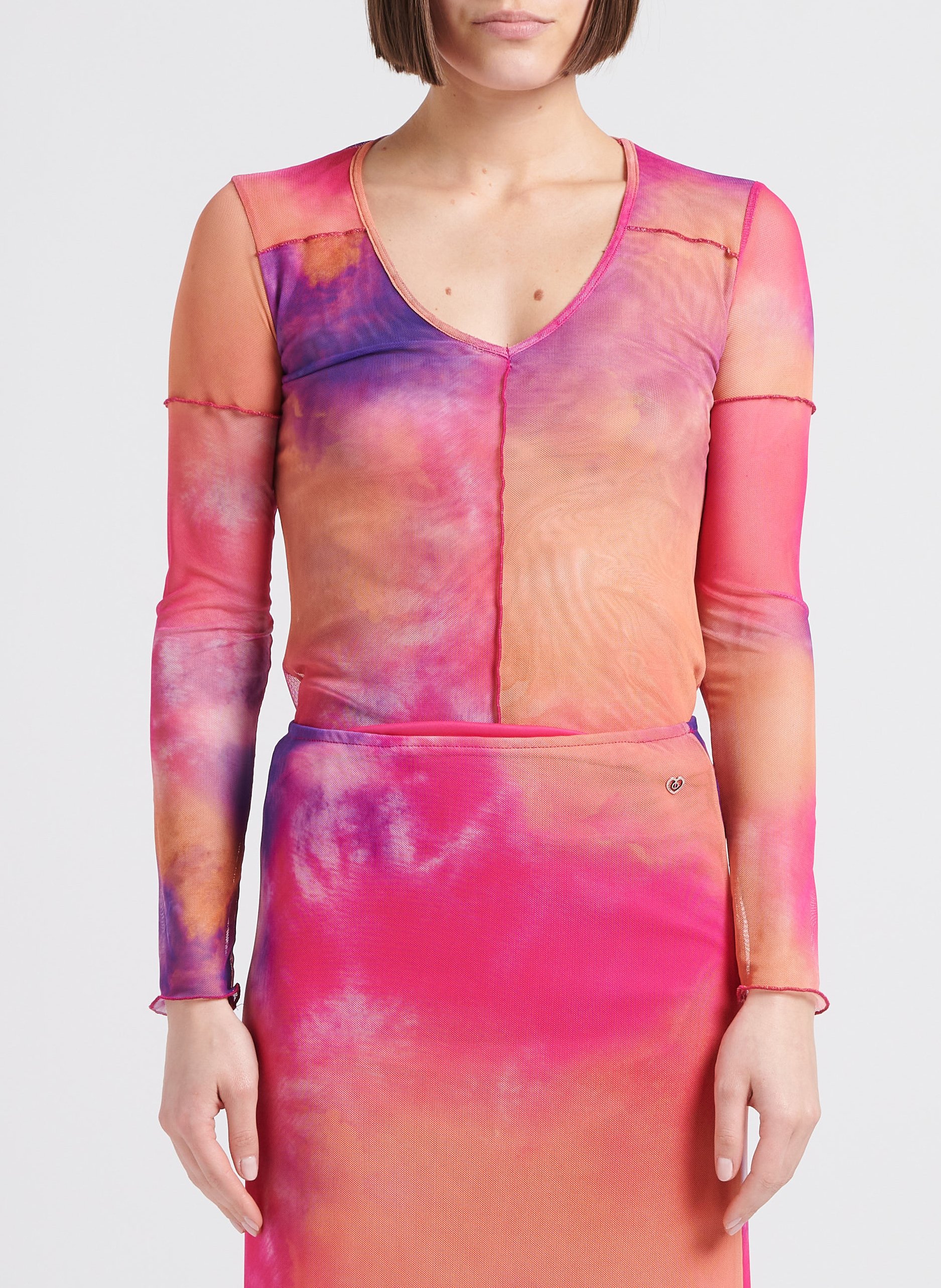 Top van mesh met ronde hals en print PLEASE Oranje