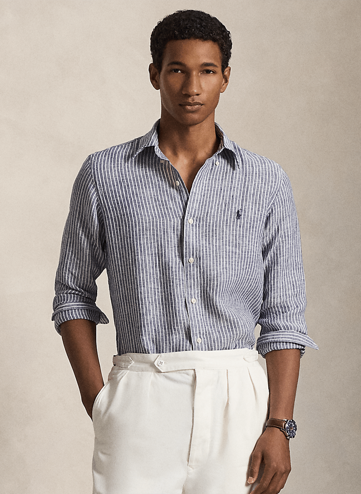 Camisa recta cuello clásico de lino a rayas POLO RALPH LAUREN