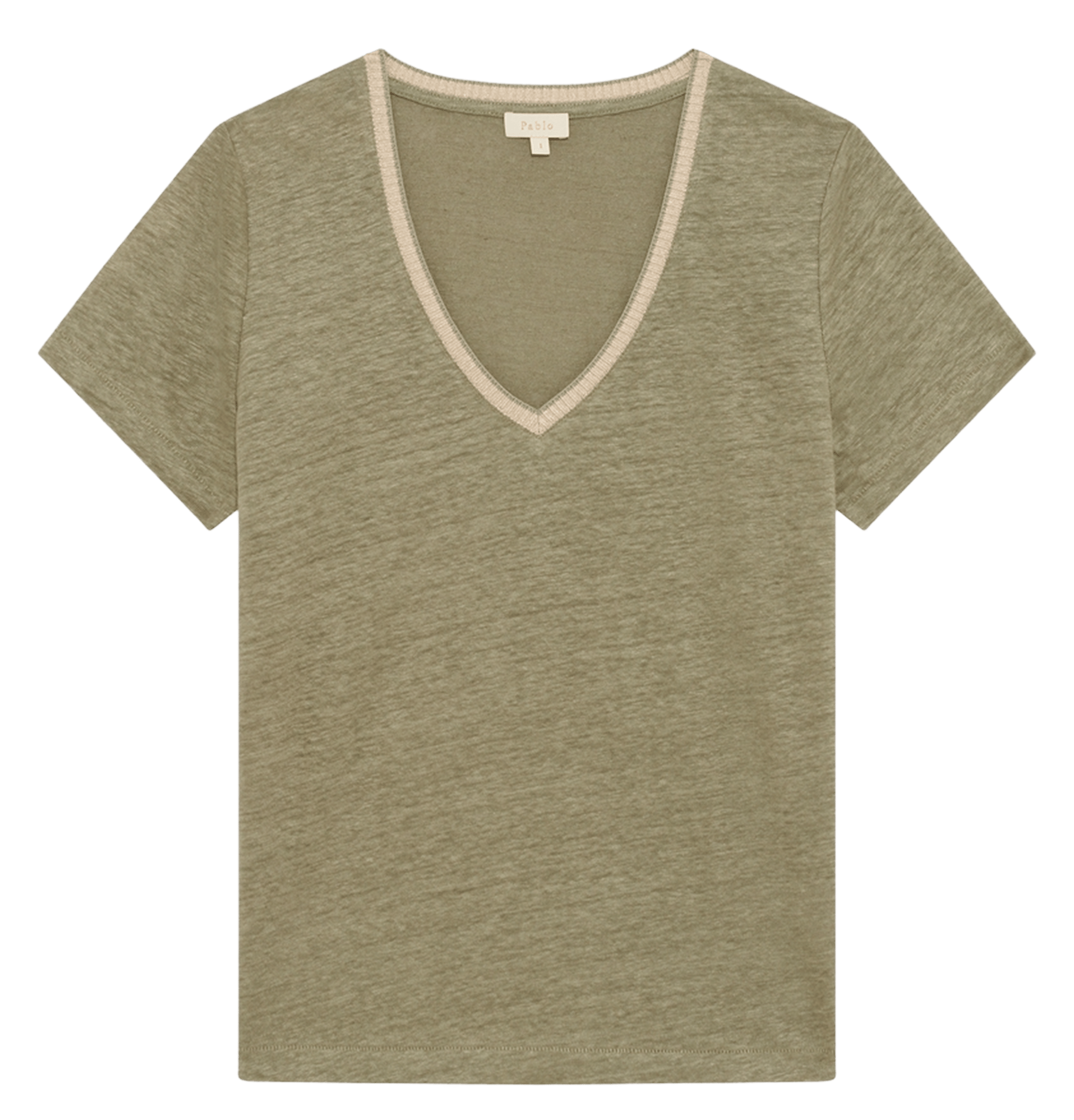 Tee-shirt droit col V en lin PABLO Kaki