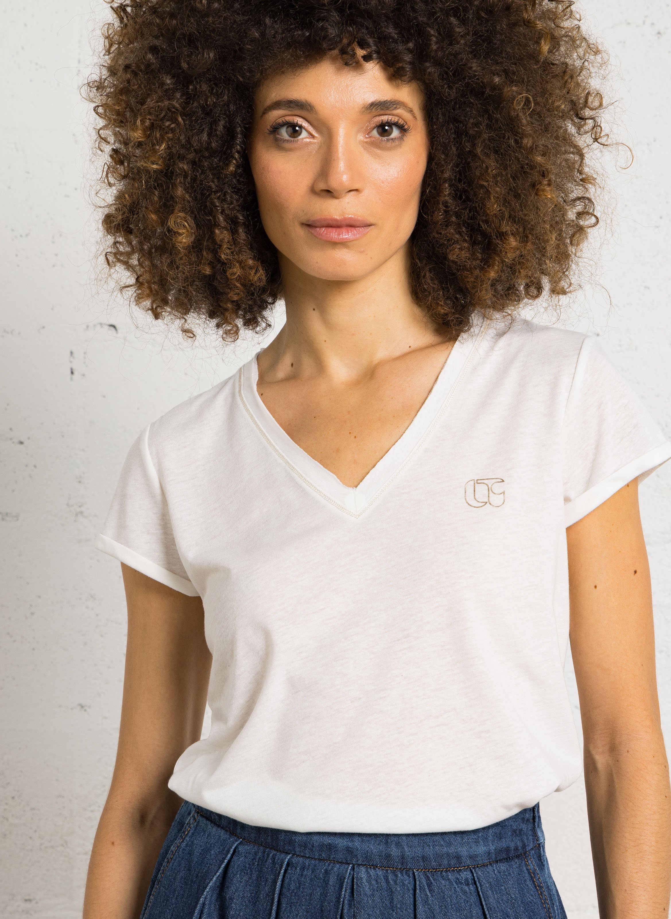 Tee-shirt ajusté col V LE TEMPS DES CERISES Blanc