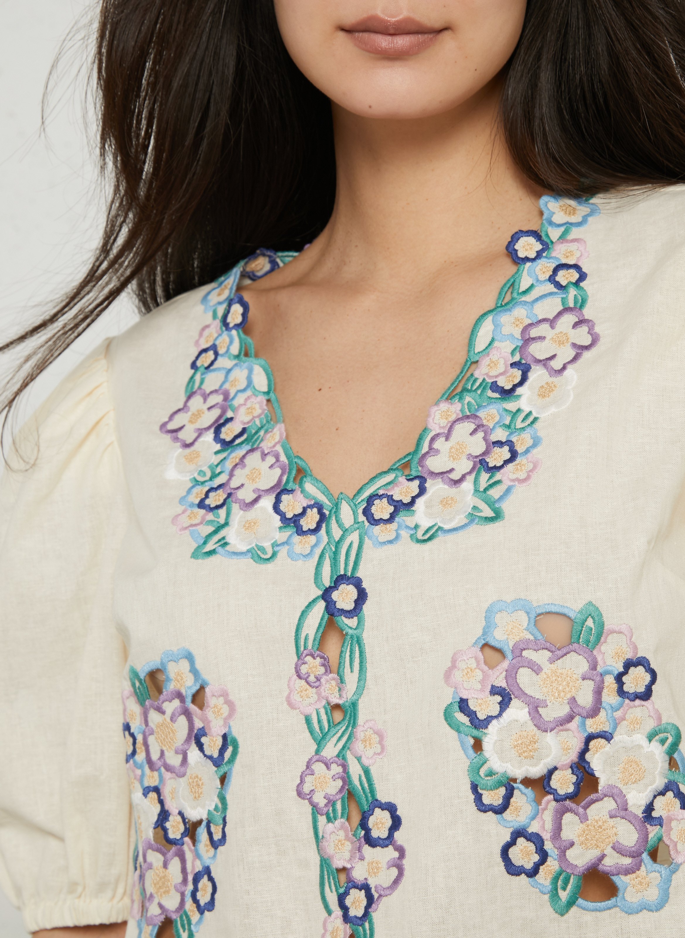 Oversized V-neck top in linen and cotton with embroidery BERENICE White