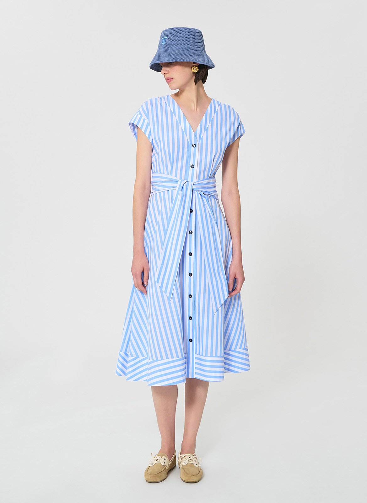 Midi-Kleid mit V-Ausschnitt aus gestreifter Baumwolle TARA JARMON Blau