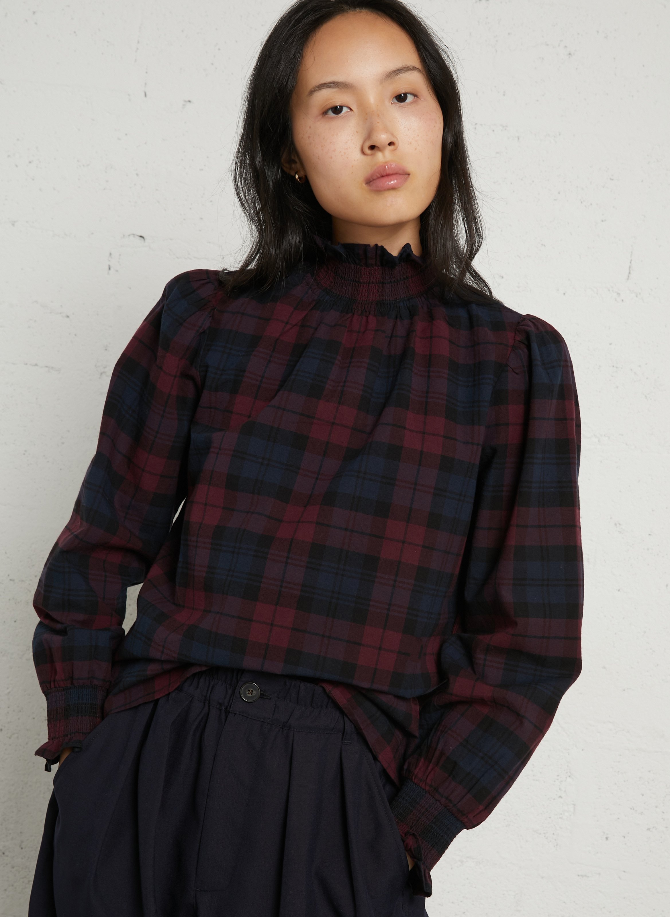 Checkered high-neck top with ruffle in cotton PETITE MENDIGOTE Blue